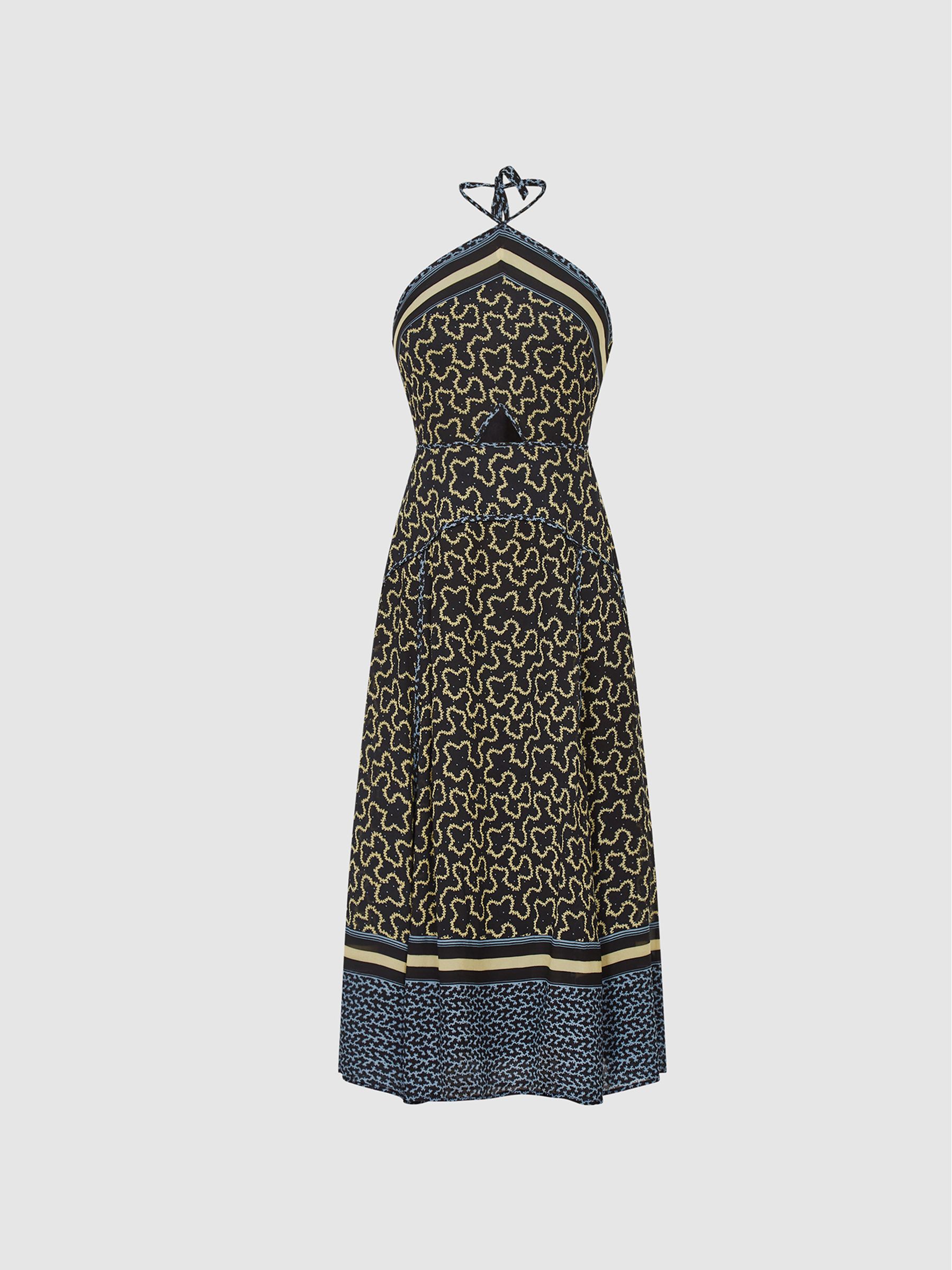 Petite Printed Cut-Out Midi Dress in Navy/Yellow - Image 2 of 7