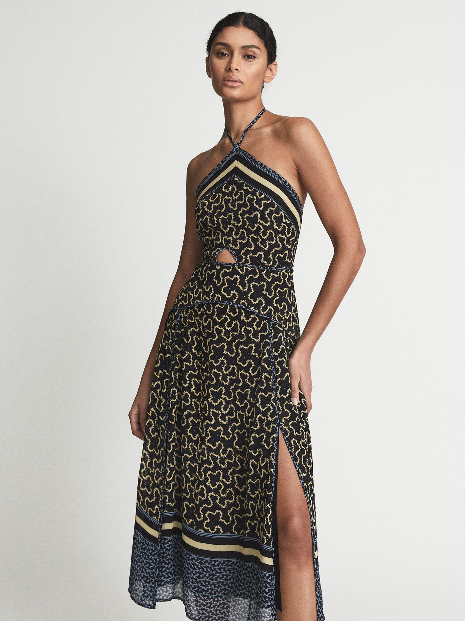 Petite Printed Cut-Out Midi Dress in Navy/Yellow - Image 3 of 7