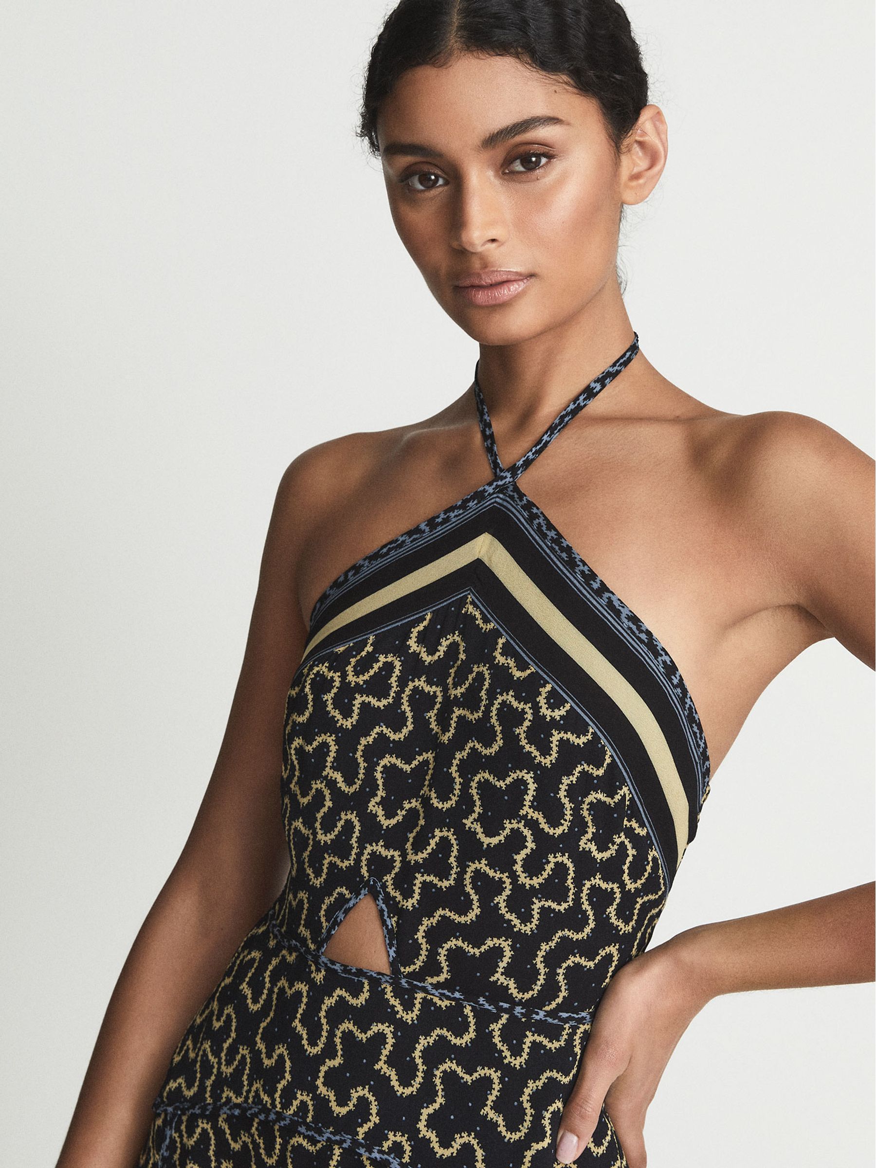 Petite Printed Cut-Out Midi Dress in Navy/Yellow - Image 6 of 7