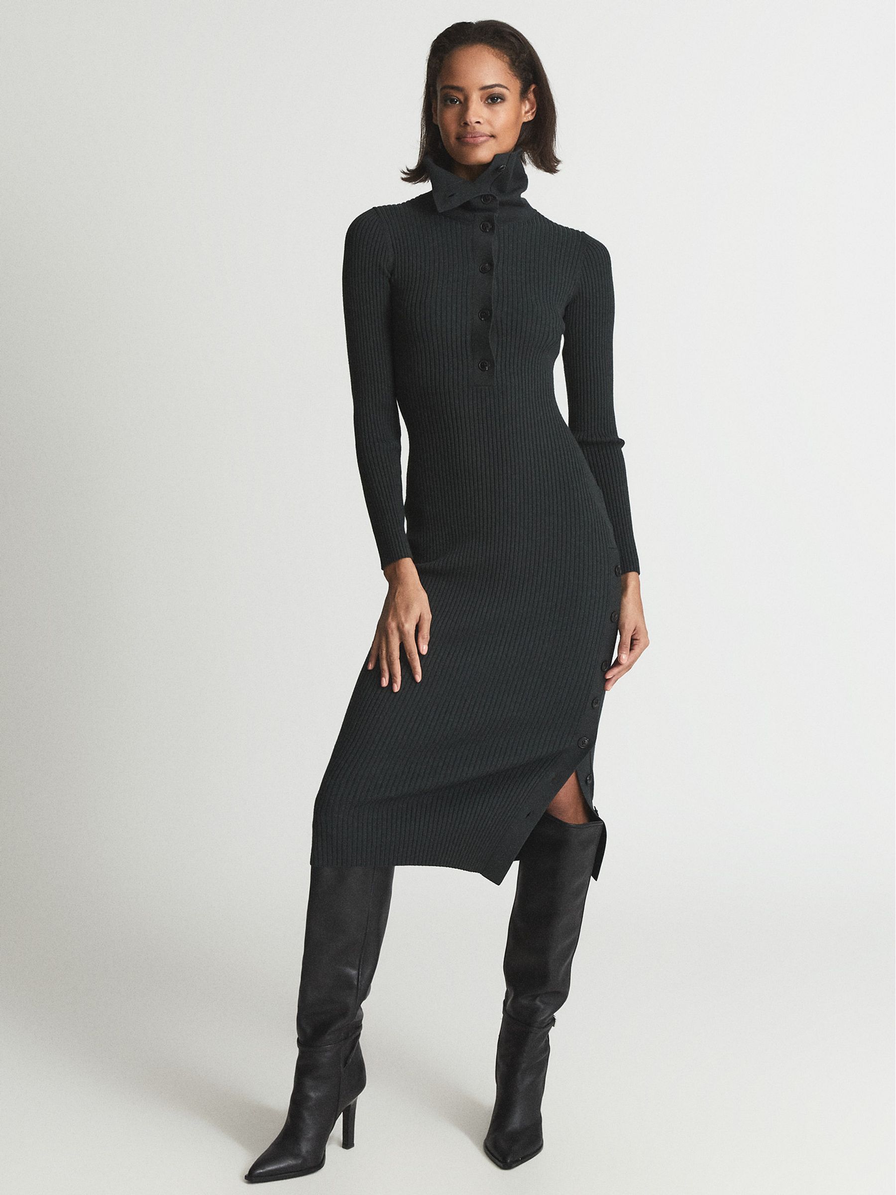 Rib Knitted Midi Dress in Dark Green - Image 1 of 5 Rib Knitted Midi Dress in Dark Green - Image 1 of 5