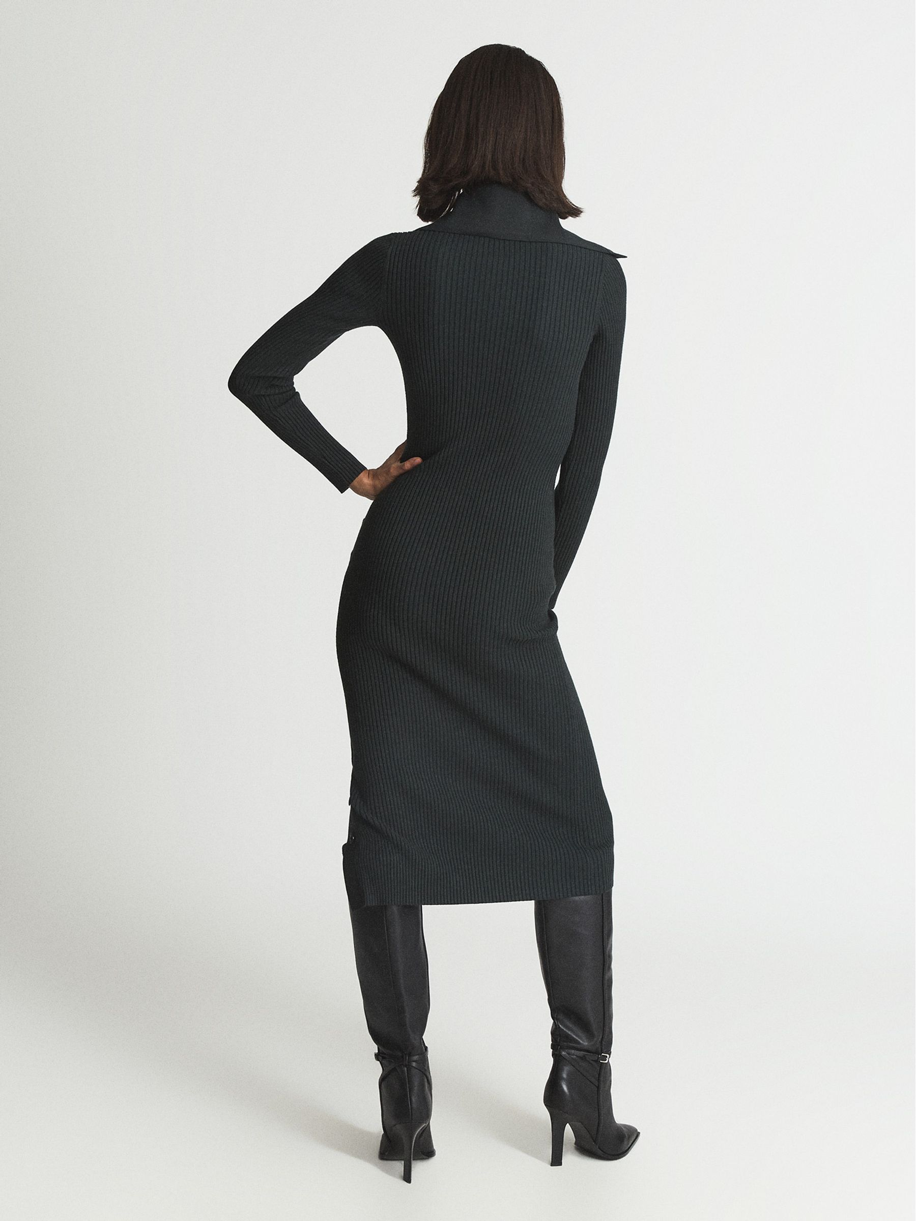 Rib Knitted Midi Dress in Dark Green - Image 4 of 5