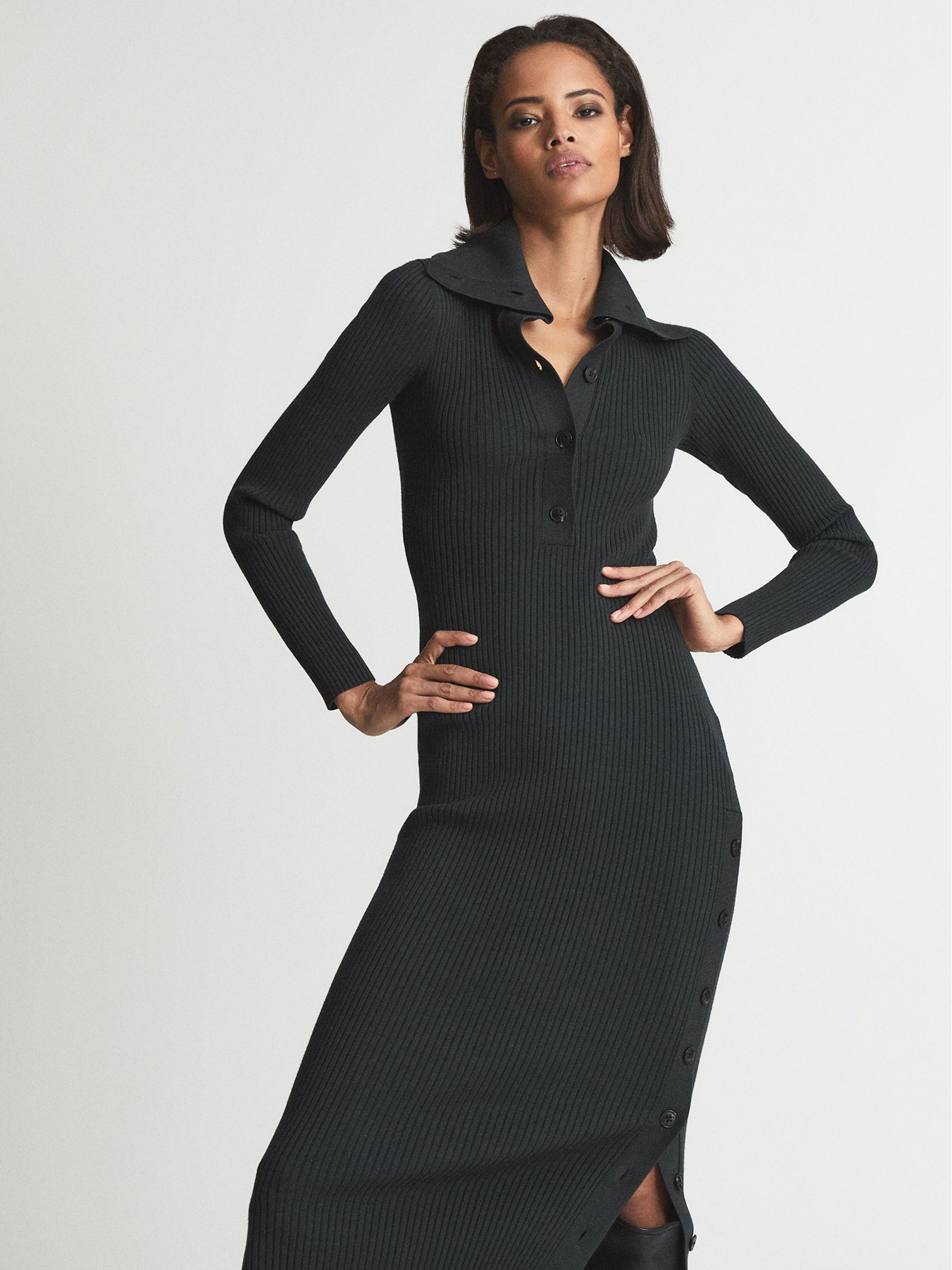 Rib Knitted Midi Dress in Dark Green - Image 5 of 5