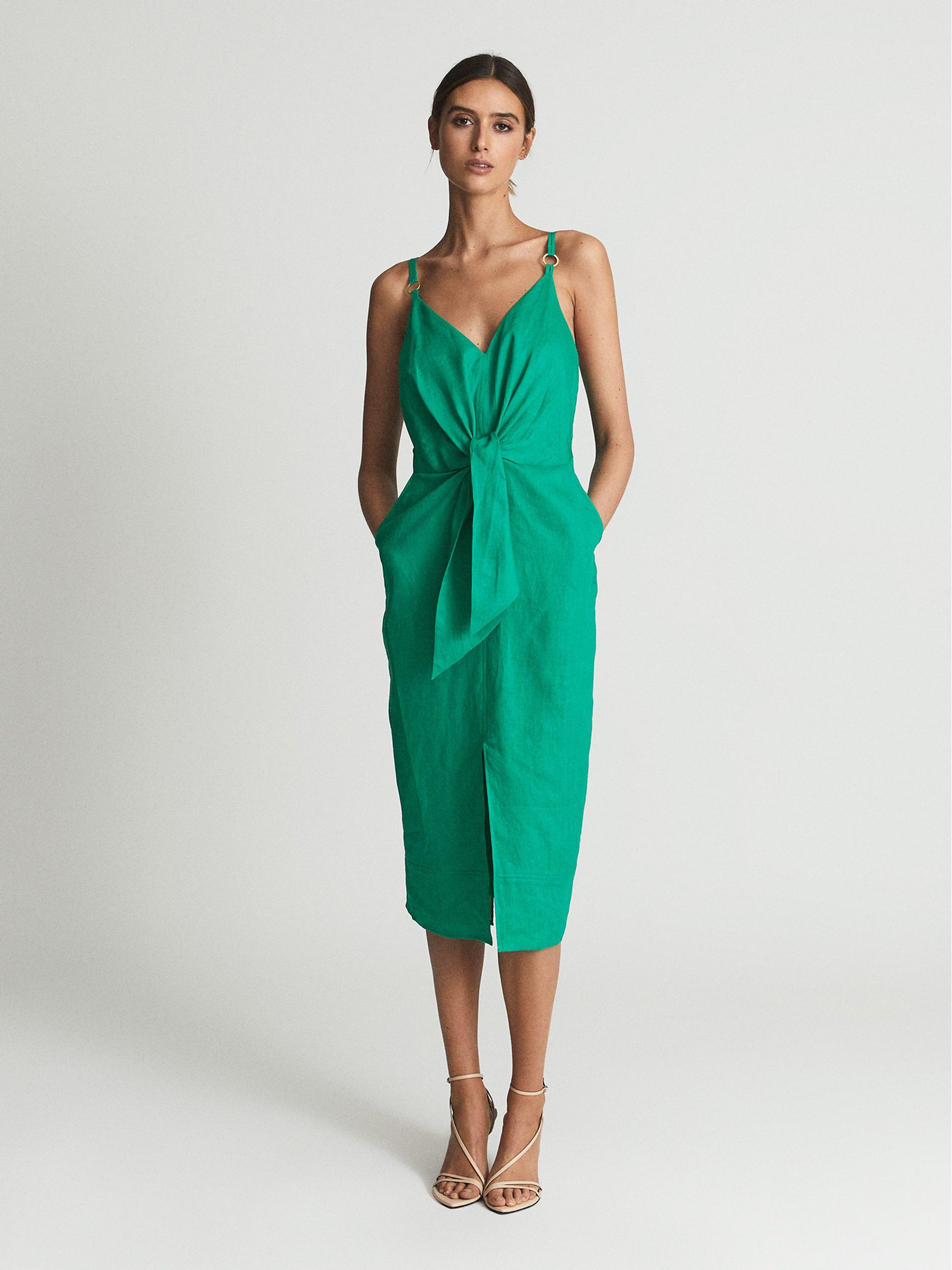 Tie Detail Linen Midi Dress in Green - Image 1 of 5