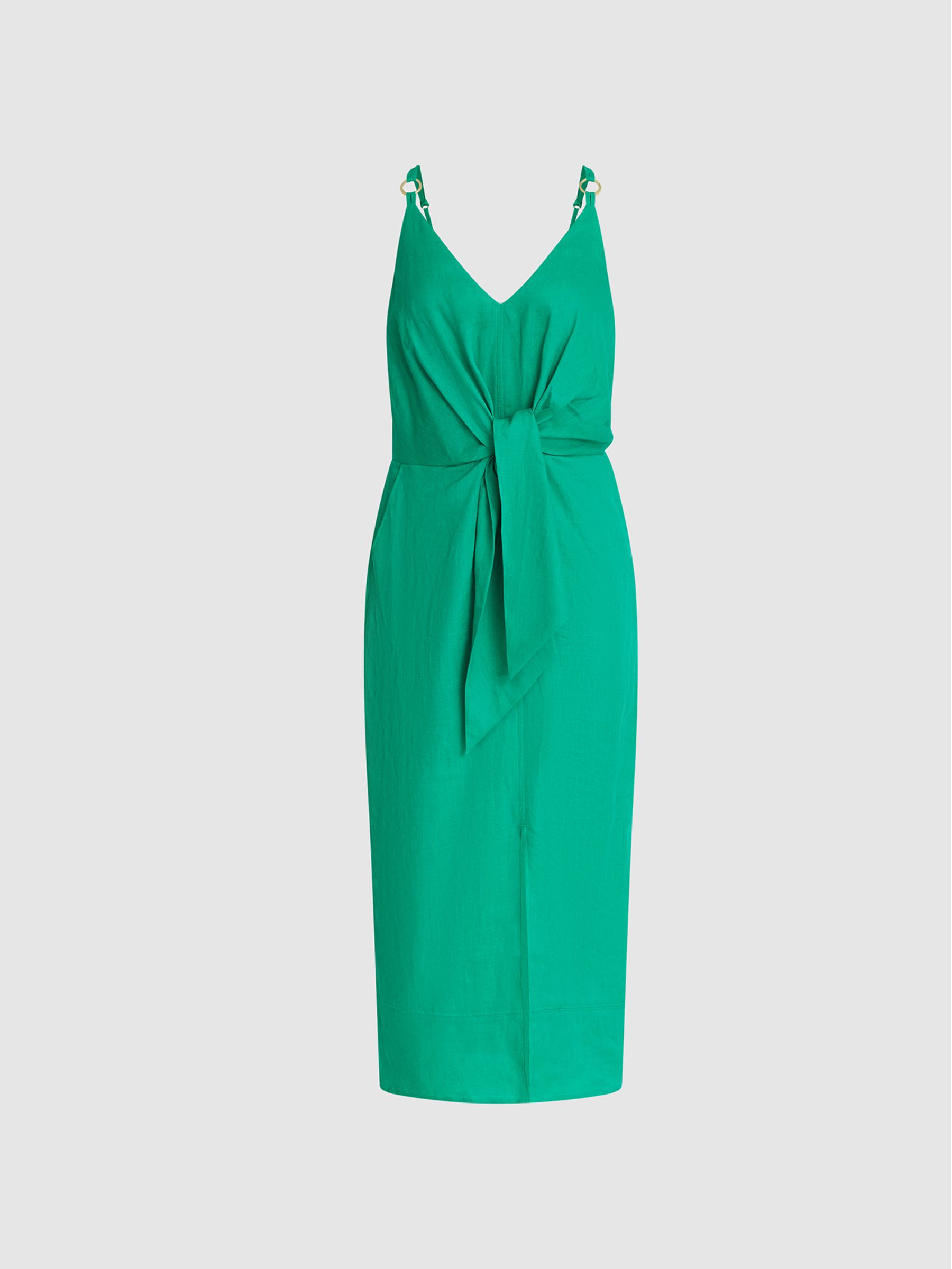 Tie Detail Linen Midi Dress in Green - Image 2 of 5
