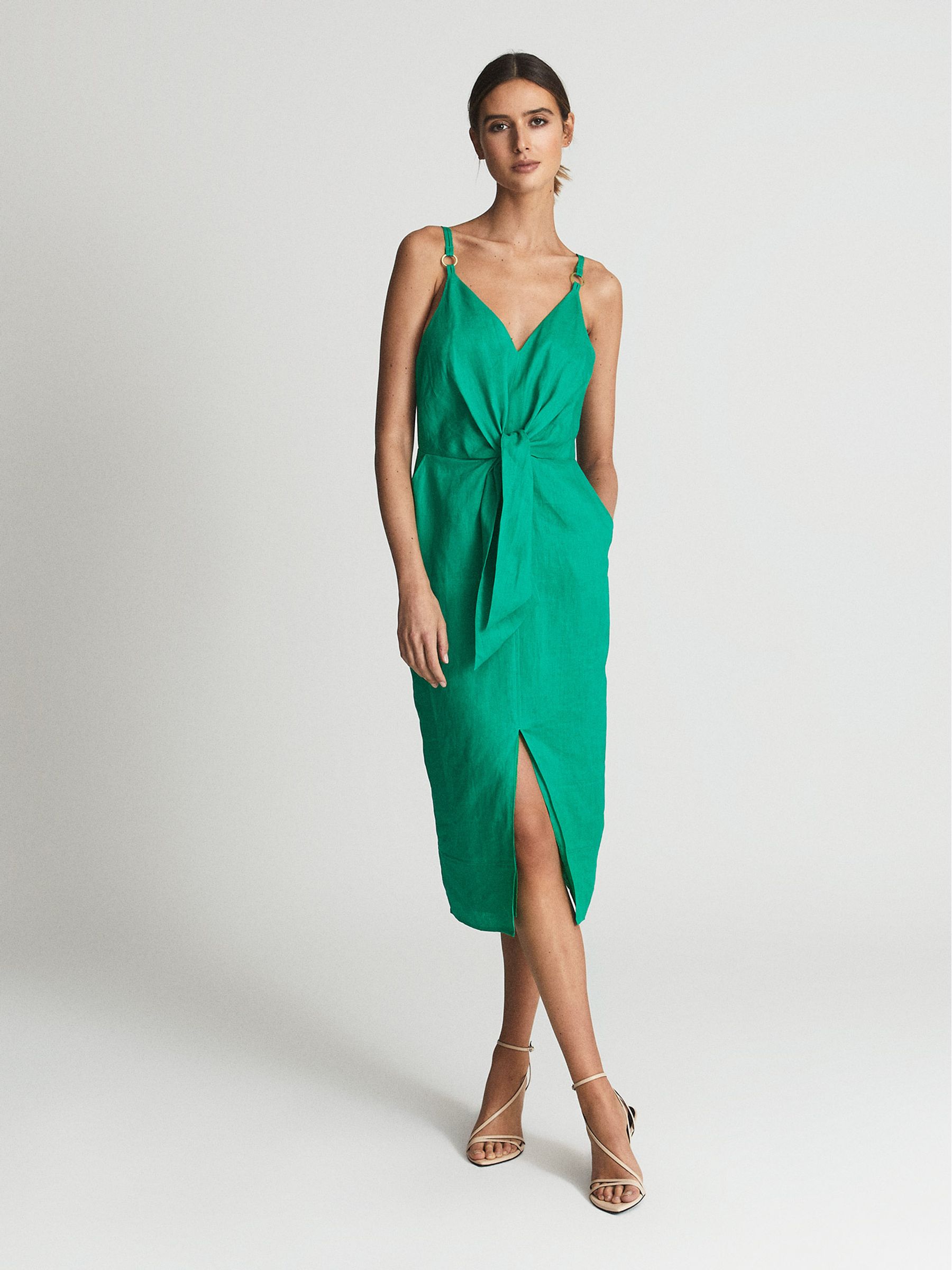 Tie Detail Linen Midi Dress in Green - Image 3 of 5