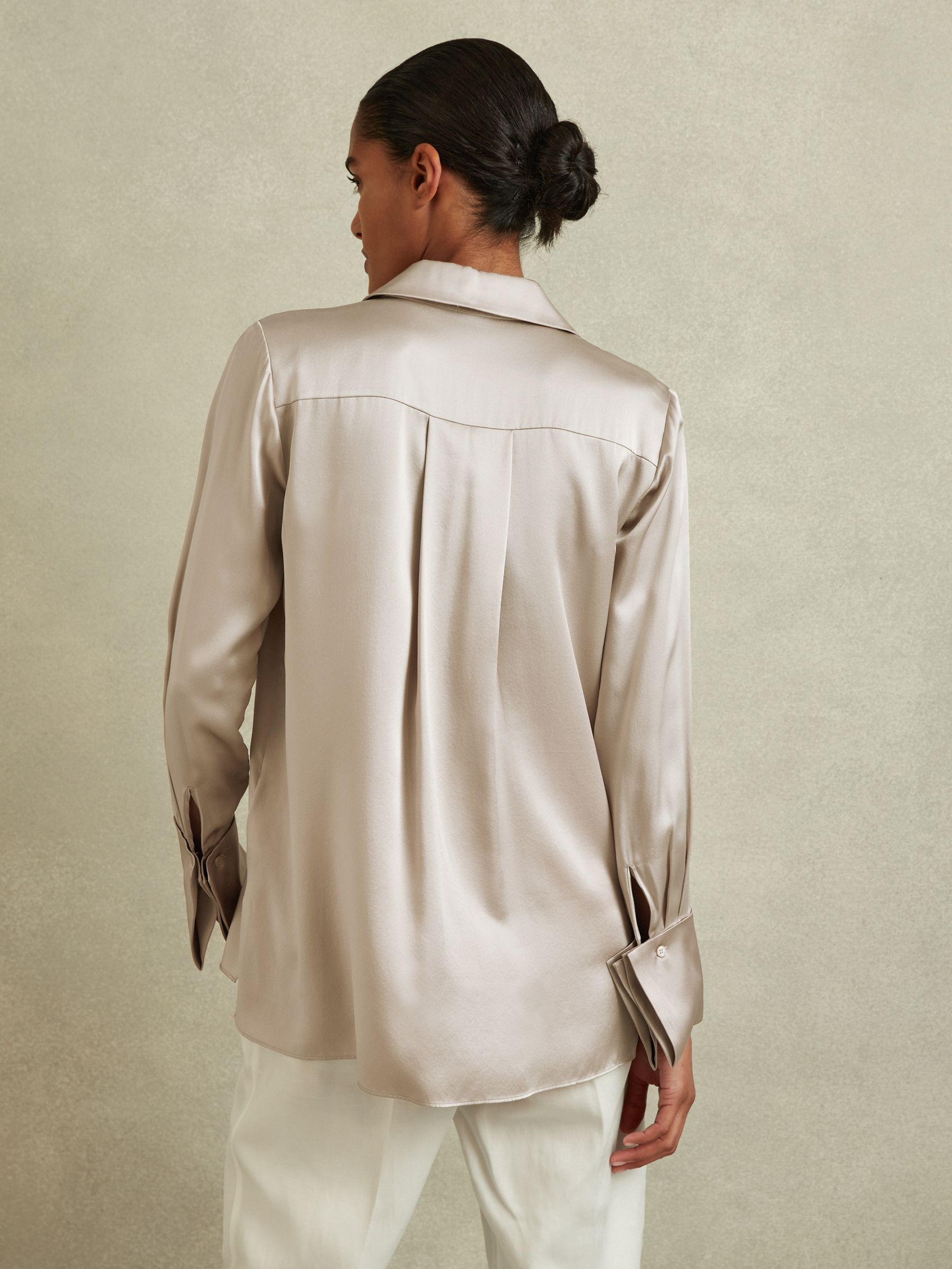 Silk Double-Cuff Button-Through Shirt in Champagne - Image 4 of 7