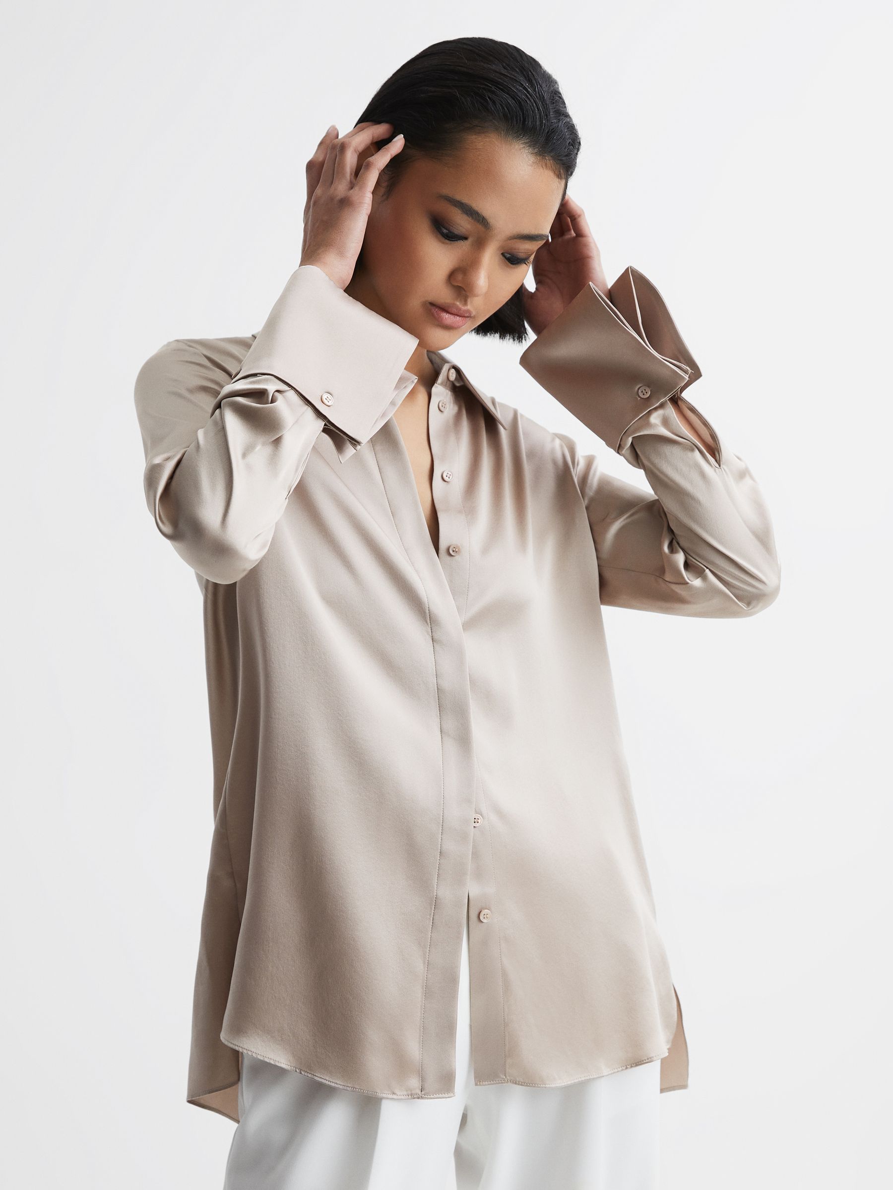 Silk Double-Cuff Button-Through Shirt in Champagne - Image 6 of 7