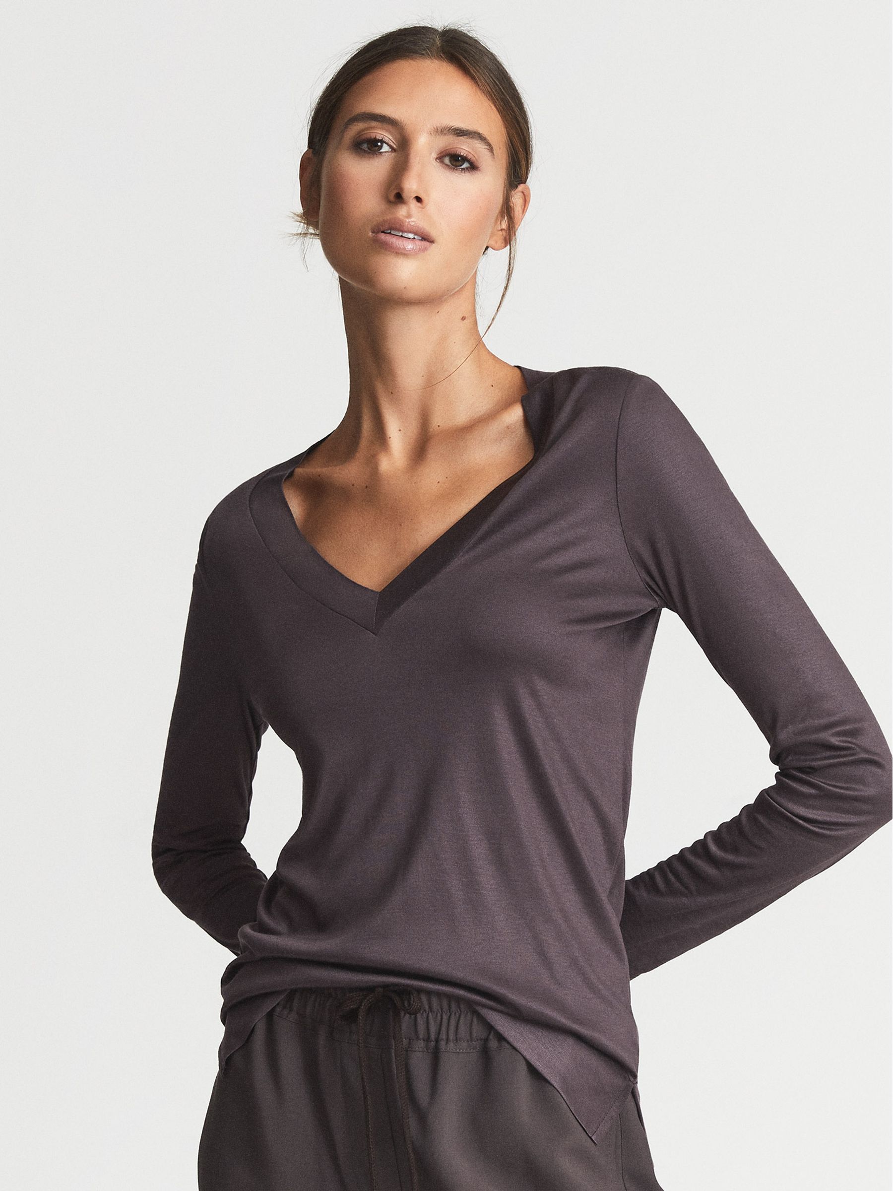Jersey V-neck Top in Grape - Image 1 of 6