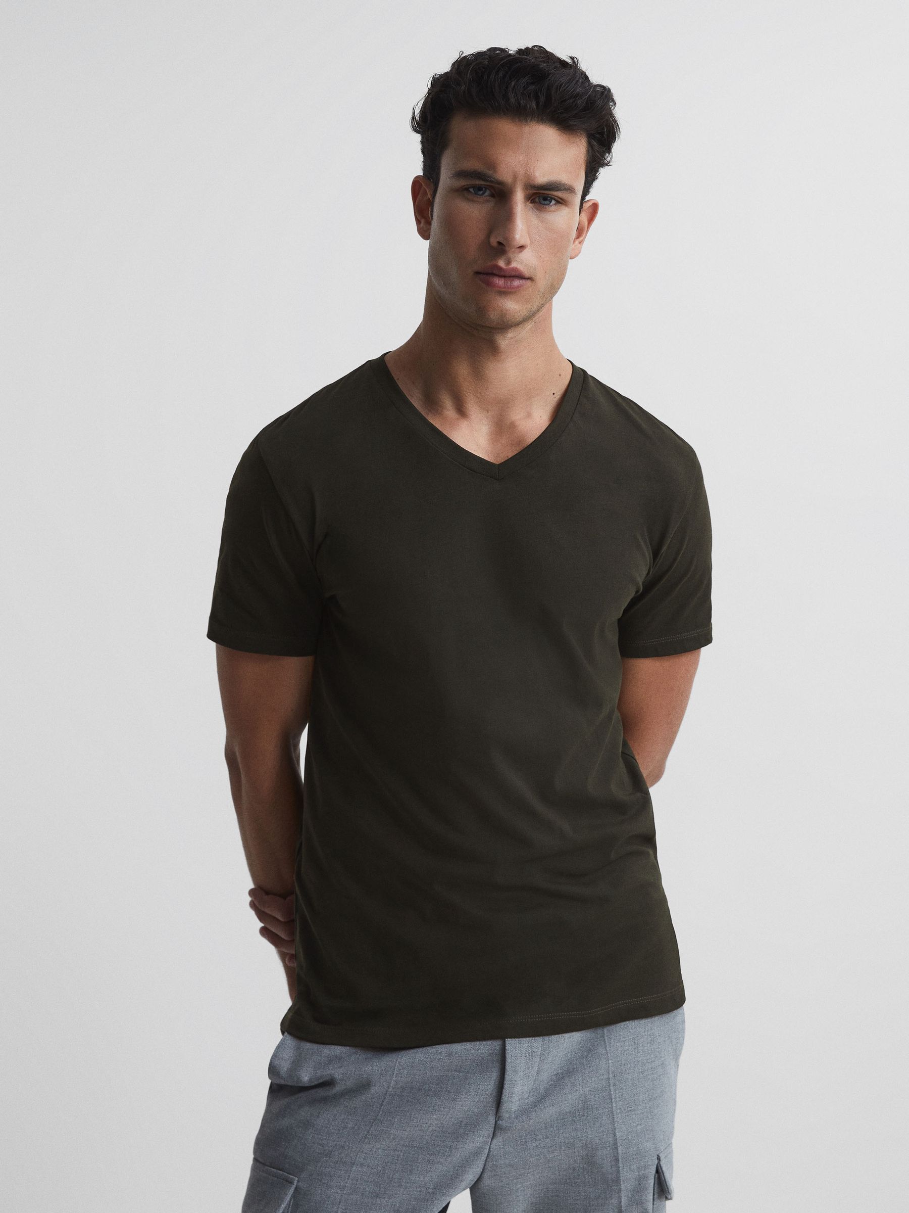 Cotton V-Neck T-Shirt in Oxidised Green - Image 1 of 6