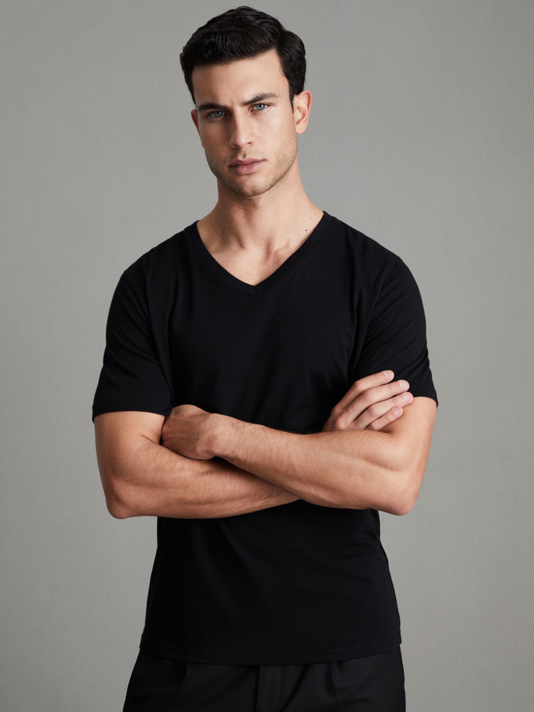 Cotton V-Neck T-Shirt in Black - Image 1 of 8