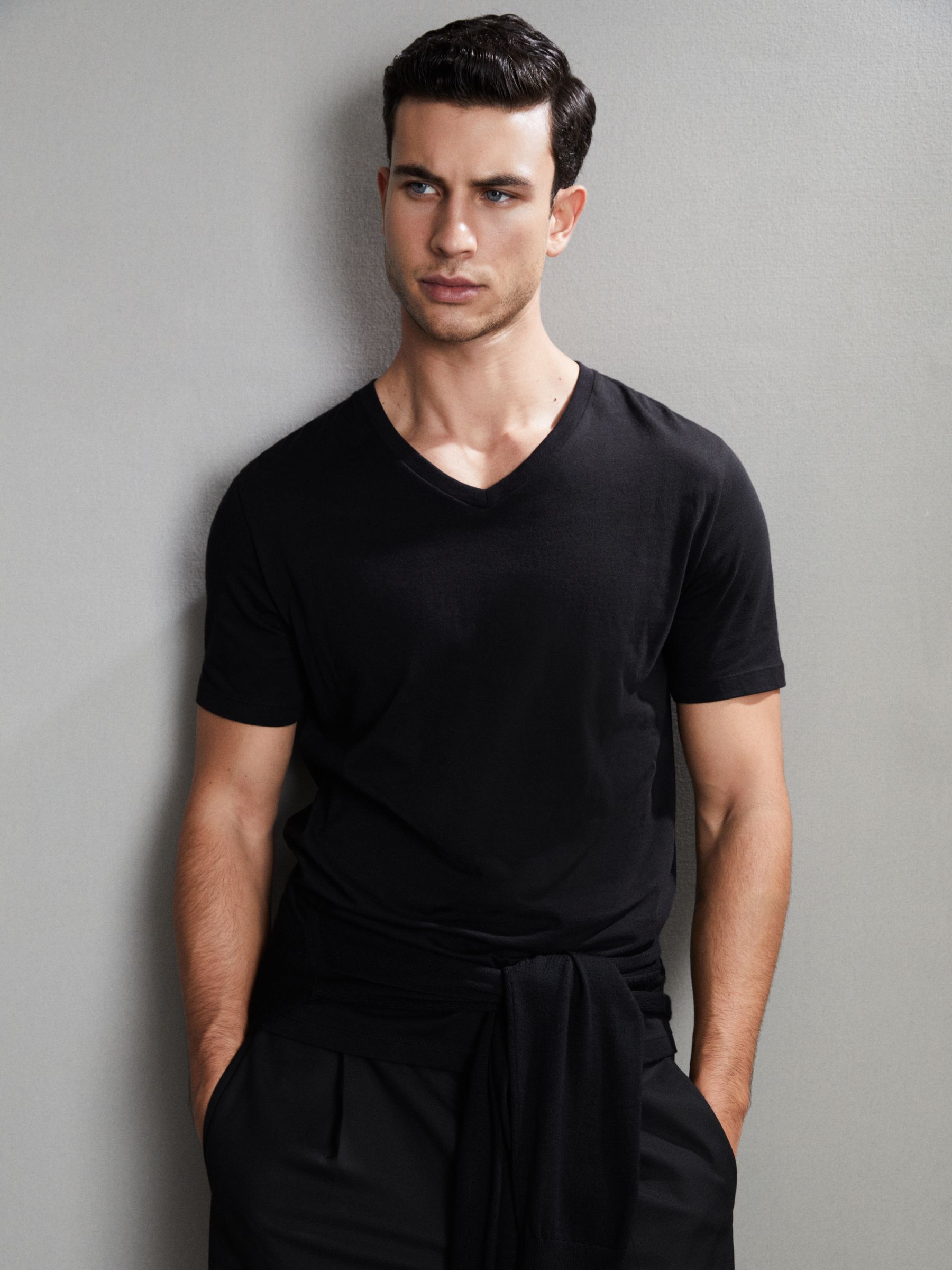 Cotton V-Neck T-Shirt in Black - Image 8 of 8