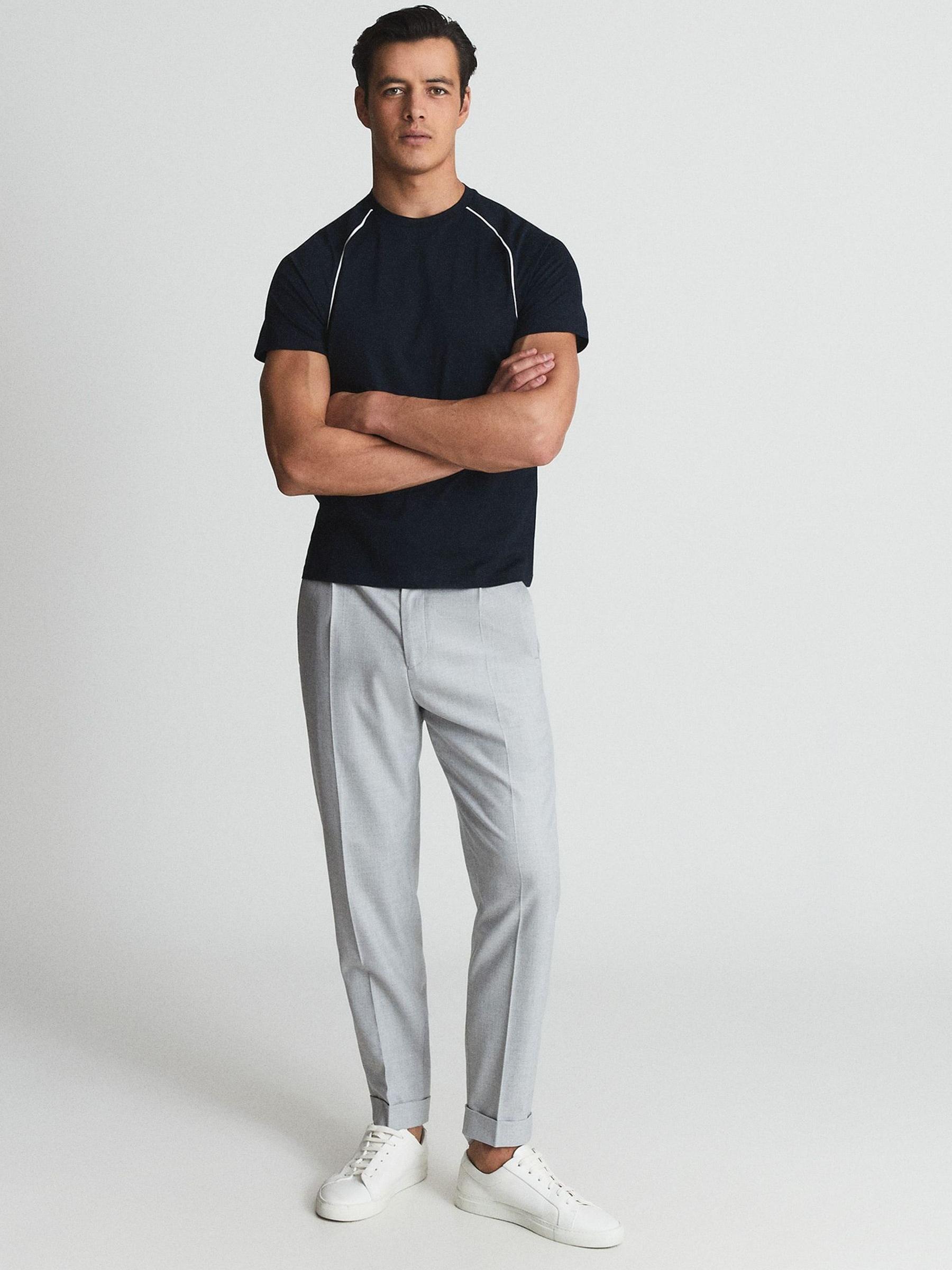 Mercerised Crew Neck T-shirt With Piping in Navy - Image 1 of 1