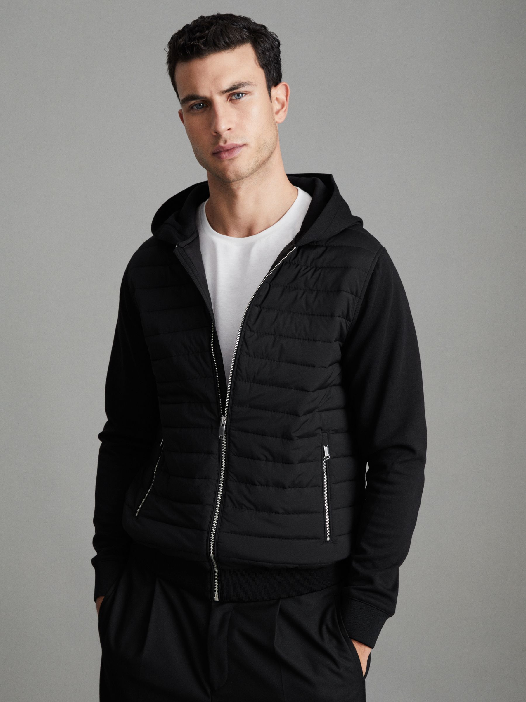 Hybrid Quilt and Knit Zip-Through Hooded Jacket in Black - Image 1 of 7