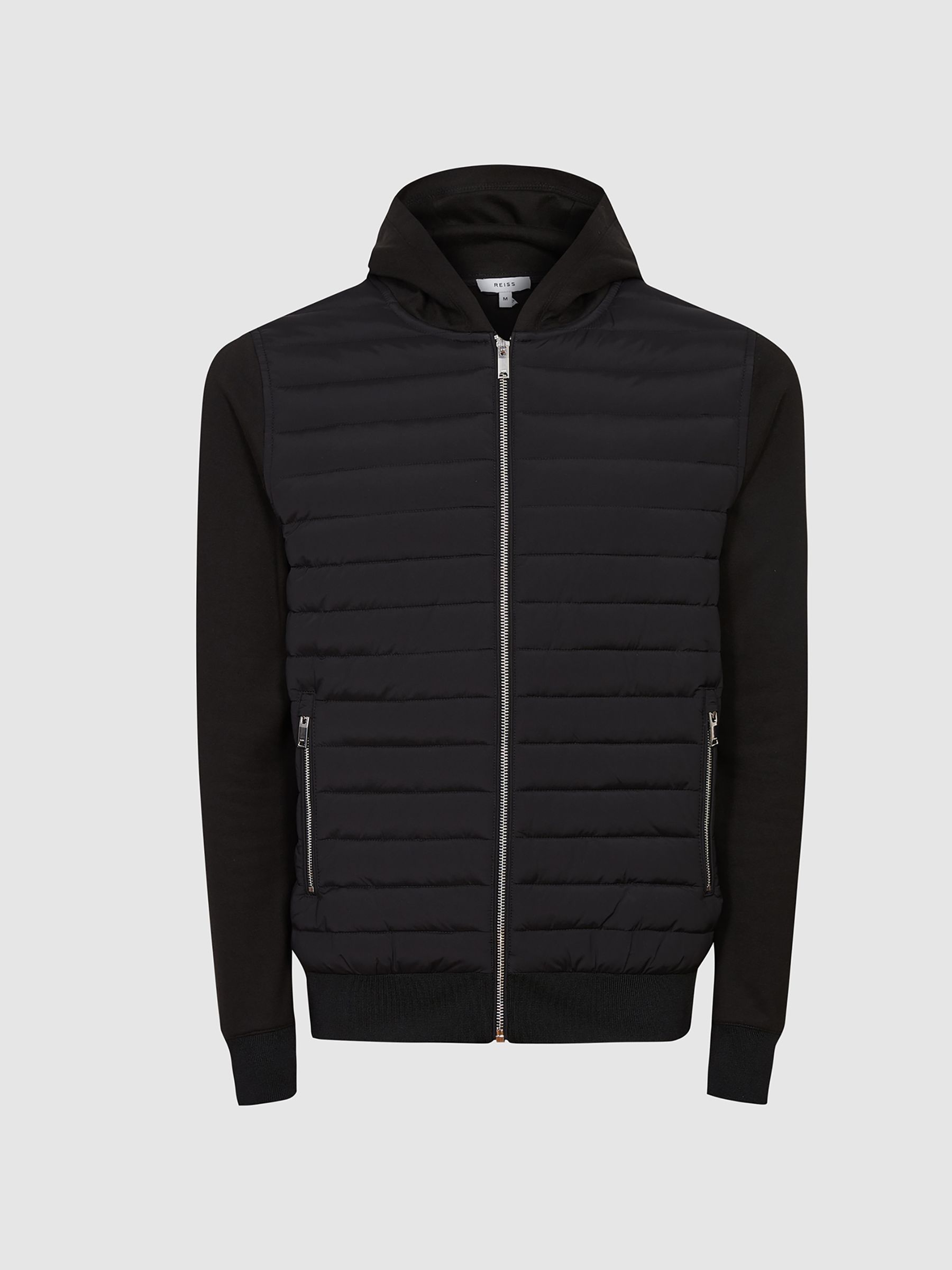 Hybrid Quilt and Knit Zip-Through Hooded Jacket in Black - Image 2 of 7