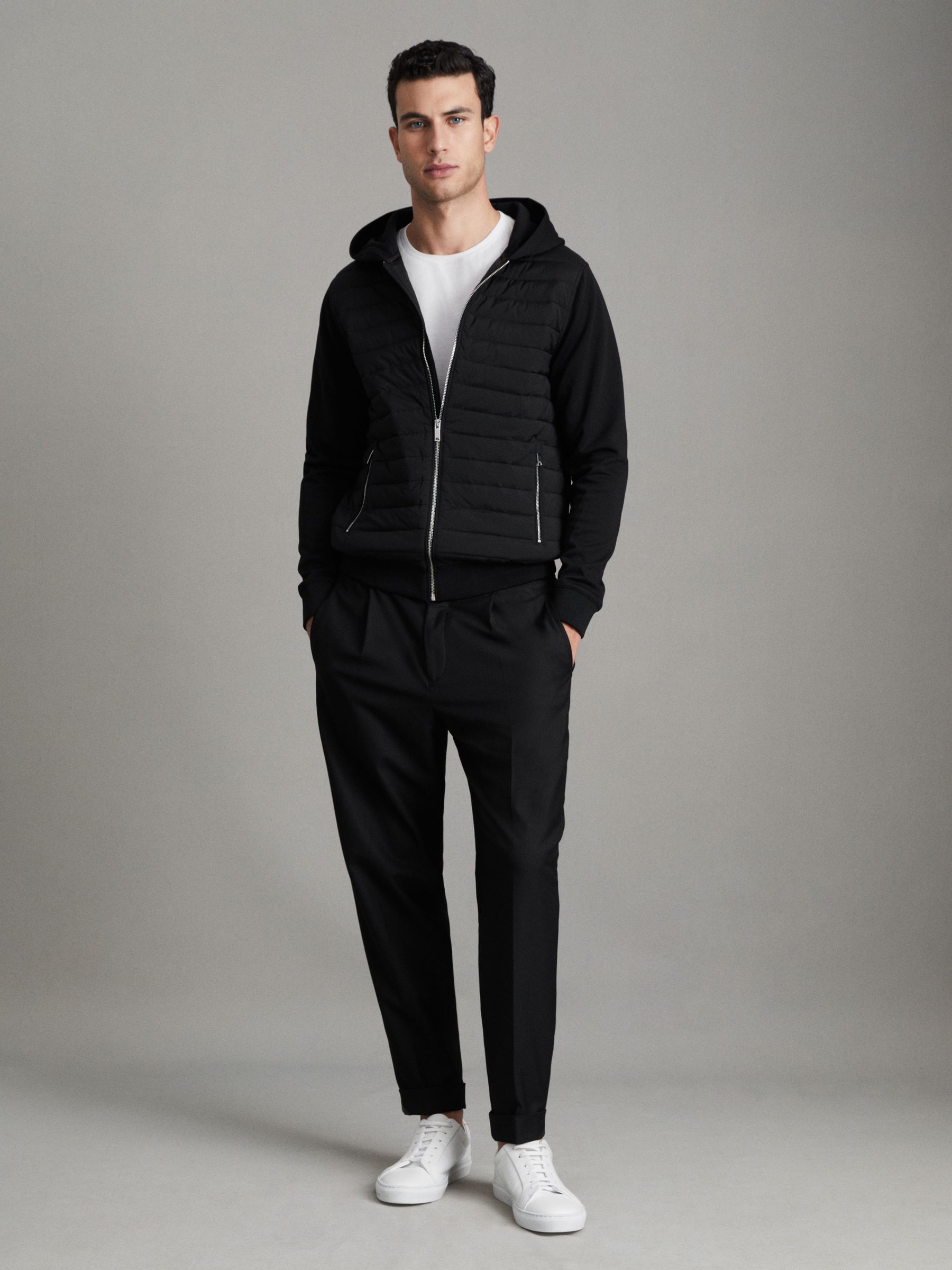 Hybrid Quilt and Knit Zip-Through Hooded Jacket in Black - Image 3 of 7