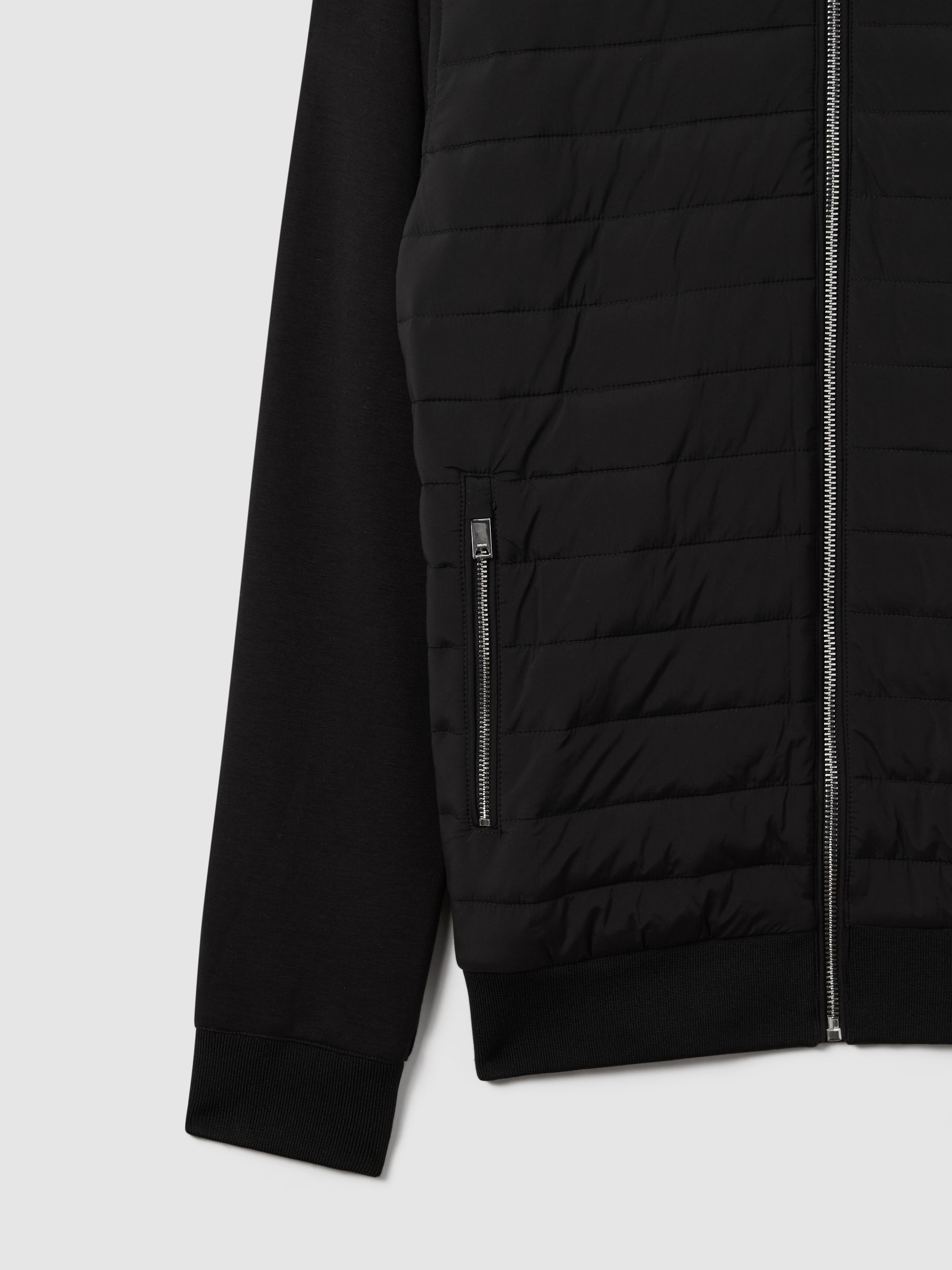 Hybrid Quilt and Knit Zip-Through Hooded Jacket in Black - Image 6 of 7