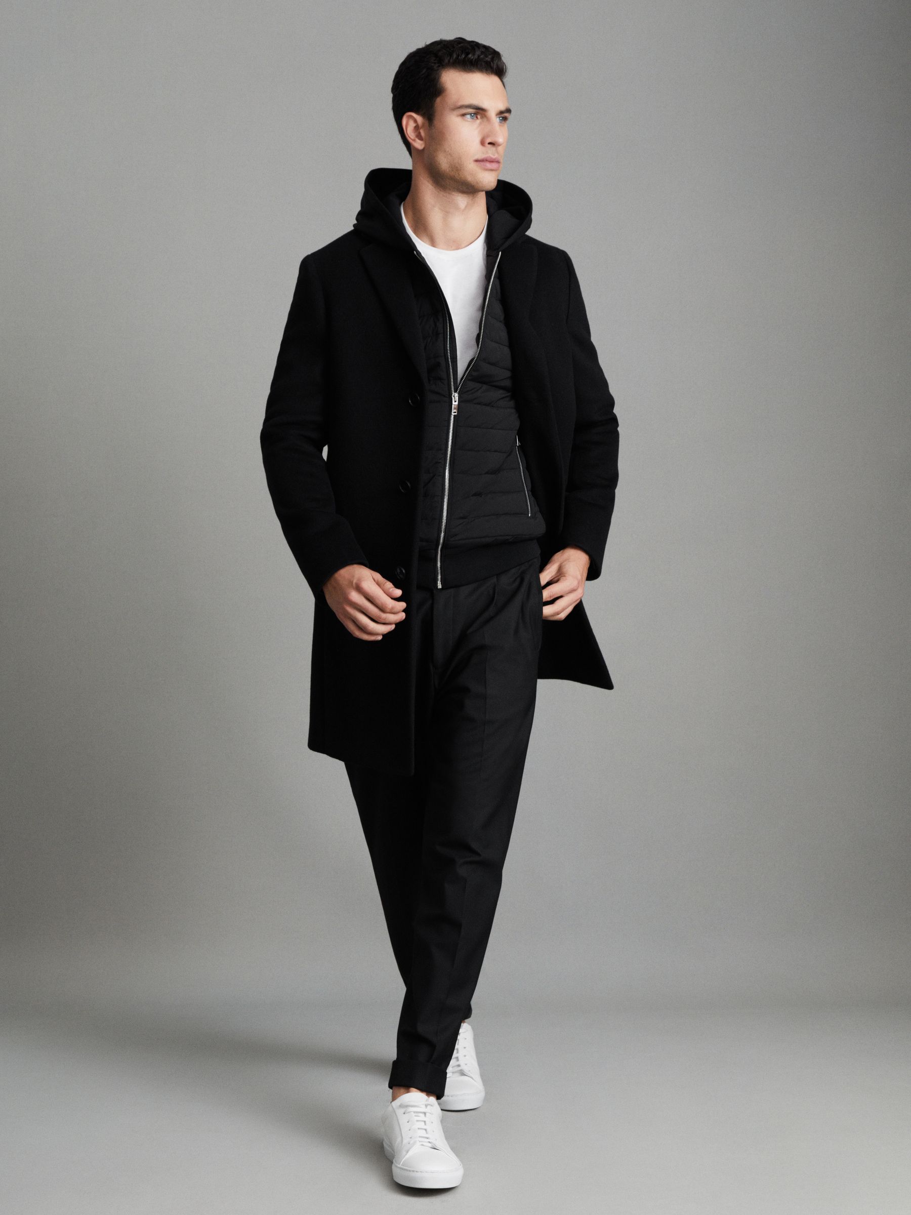 Hybrid Quilt and Knit Zip-Through Hooded Jacket in Black - Image 7 of 7