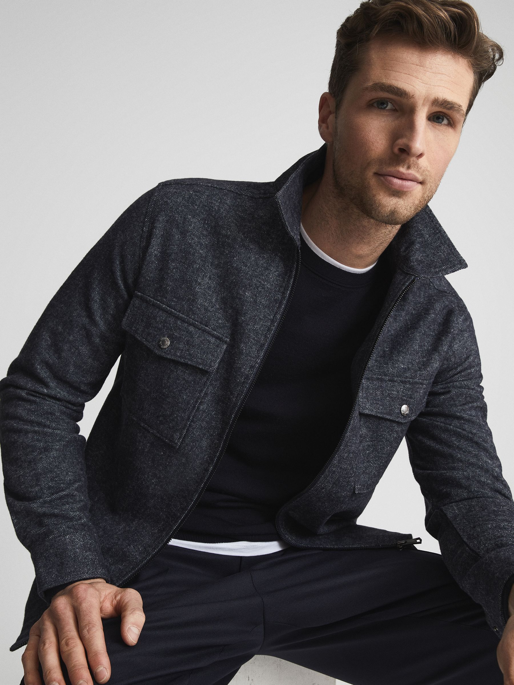 Drawn Finish Zip Through Overshirt in Indigo - Image 1 of 6