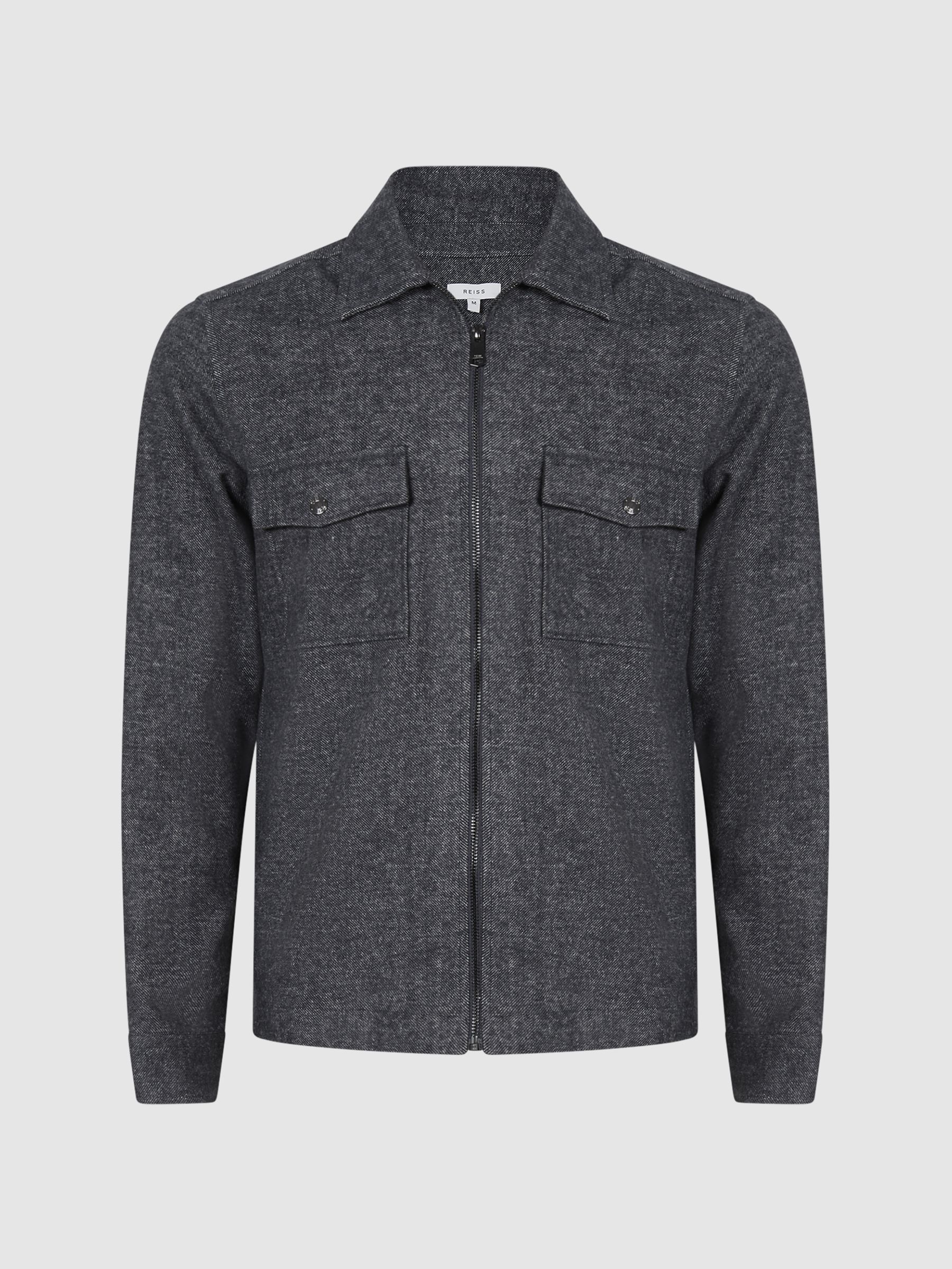 Reiss Drawn Finish Zip Through Overshirt in Indigo | REISS