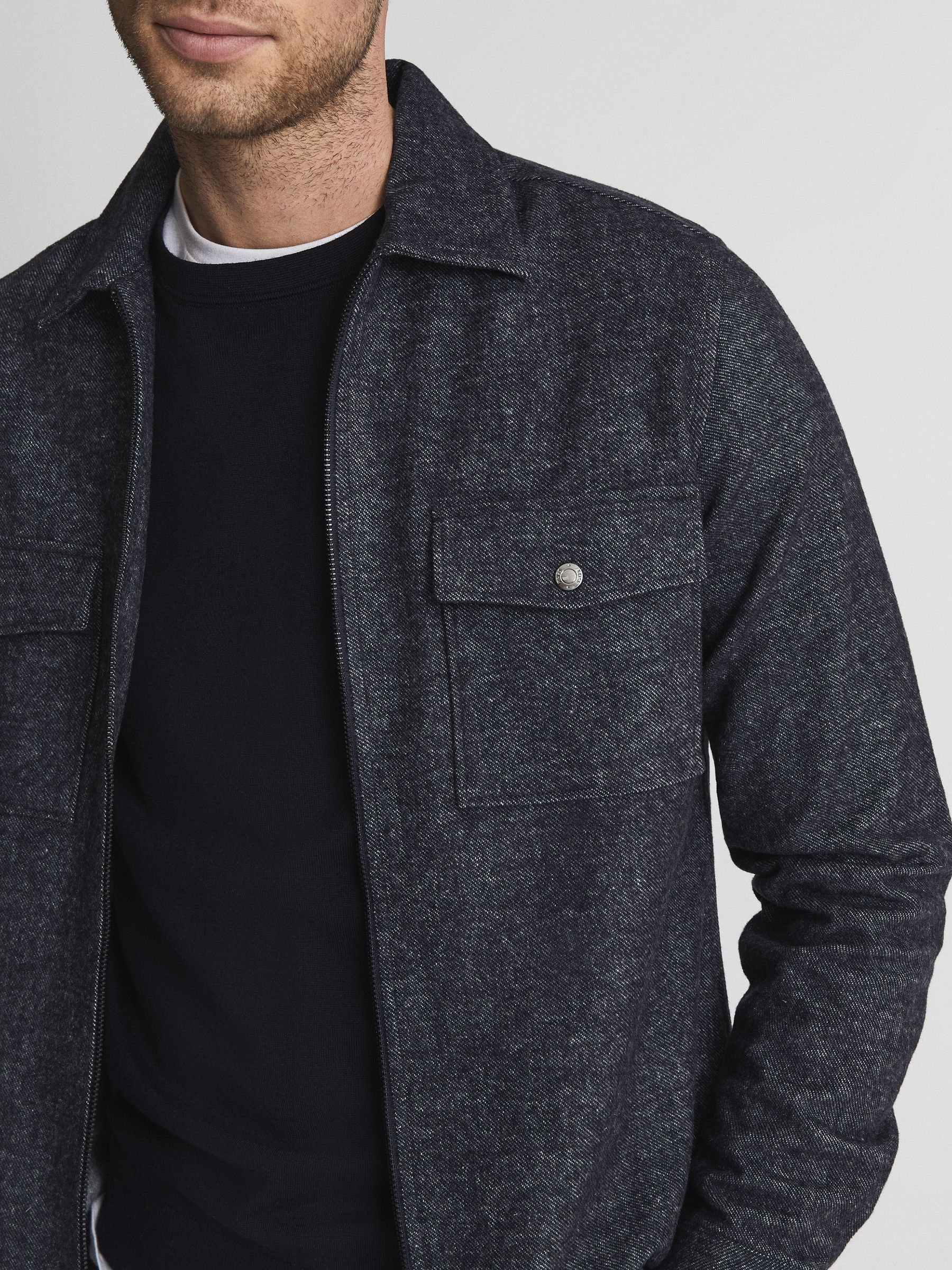 Drawn Finish Zip Through Overshirt in Indigo - Image 6 of 6