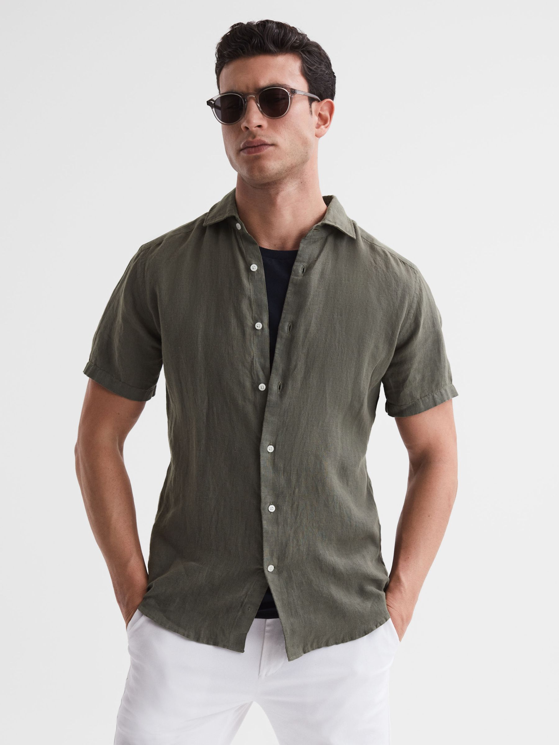 Holiday Olive Slim Fit 100% Linen Shirt - Image 1 of 6