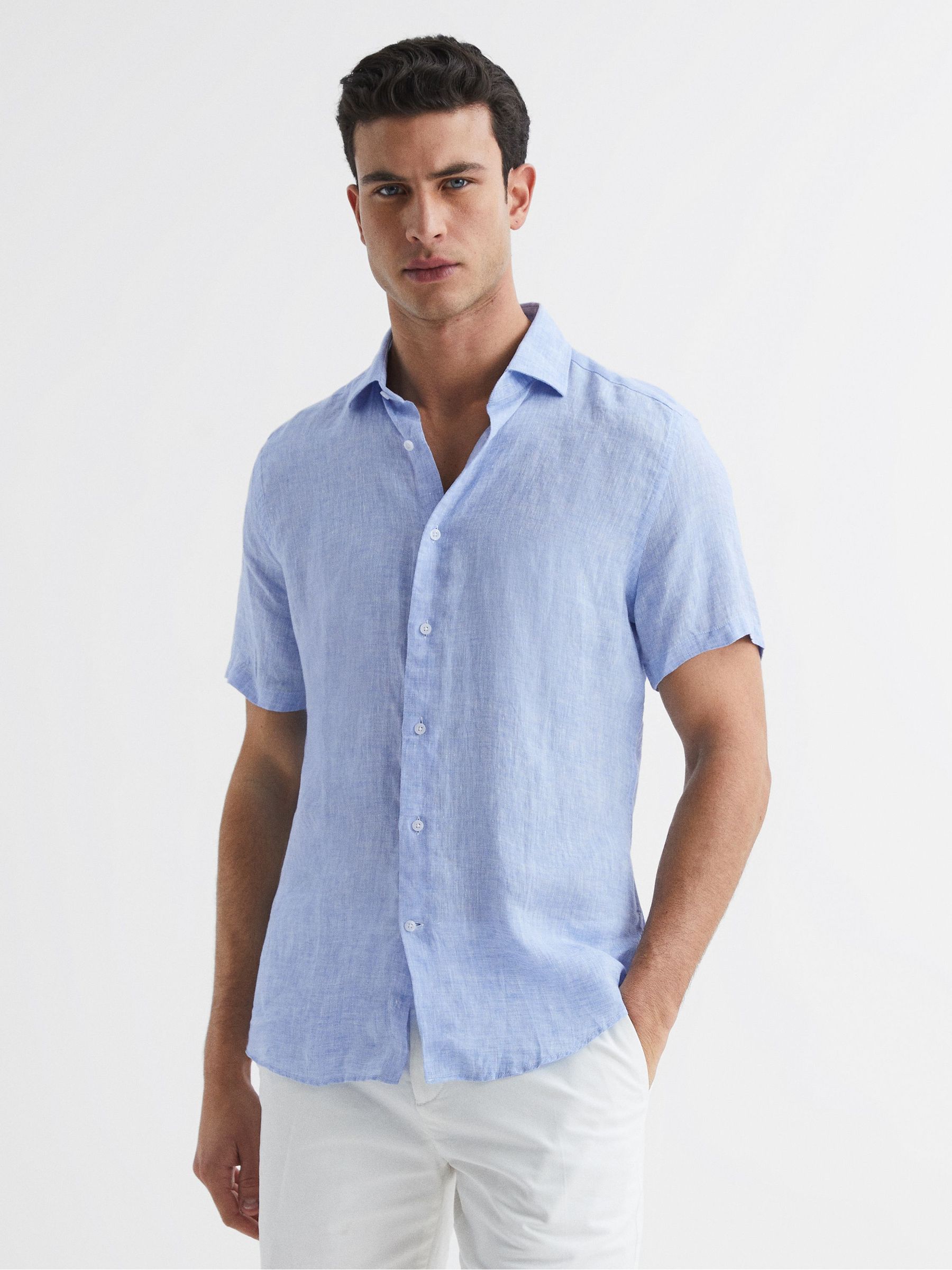 Slim Fit Linen Button-Through Shirt in Soft Blue - Image 11 of 11