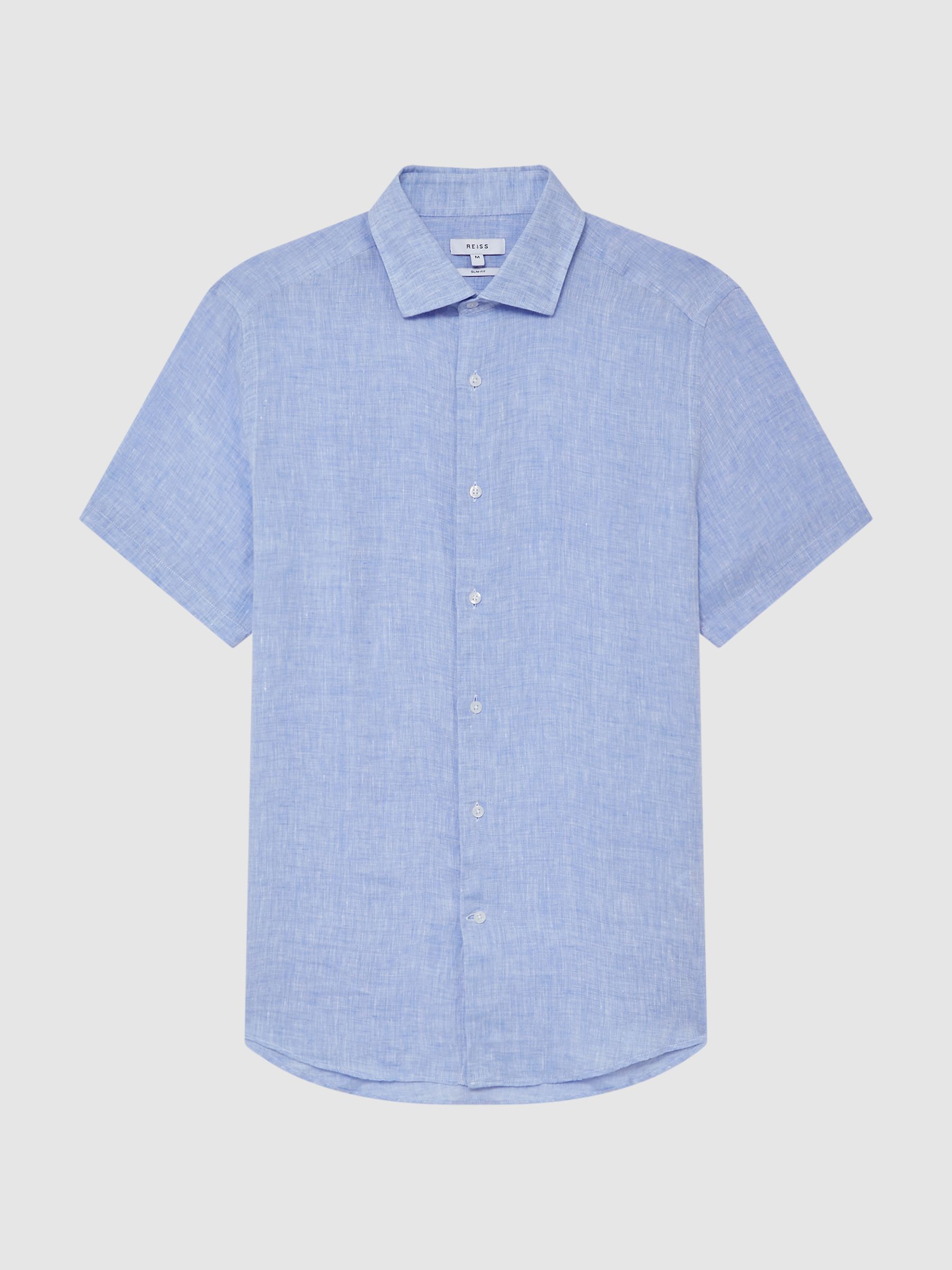 Slim Fit Linen Button-Through Shirt in Soft Blue - Image 2 of 11