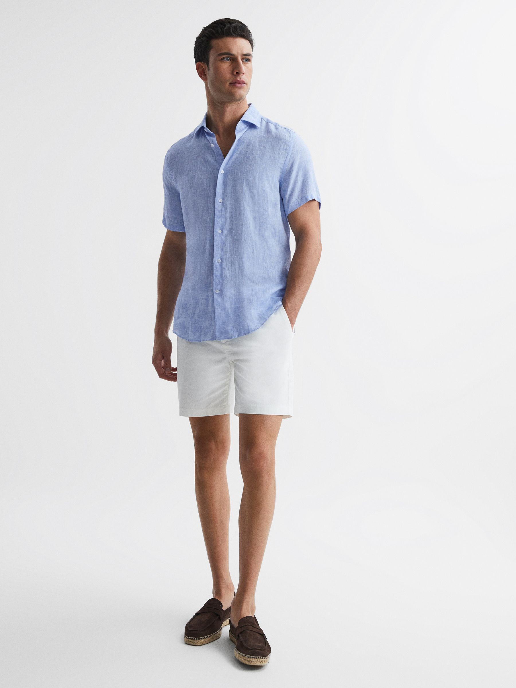Slim Fit Linen Button-Through Shirt in Soft Blue - Image 3 of 11
