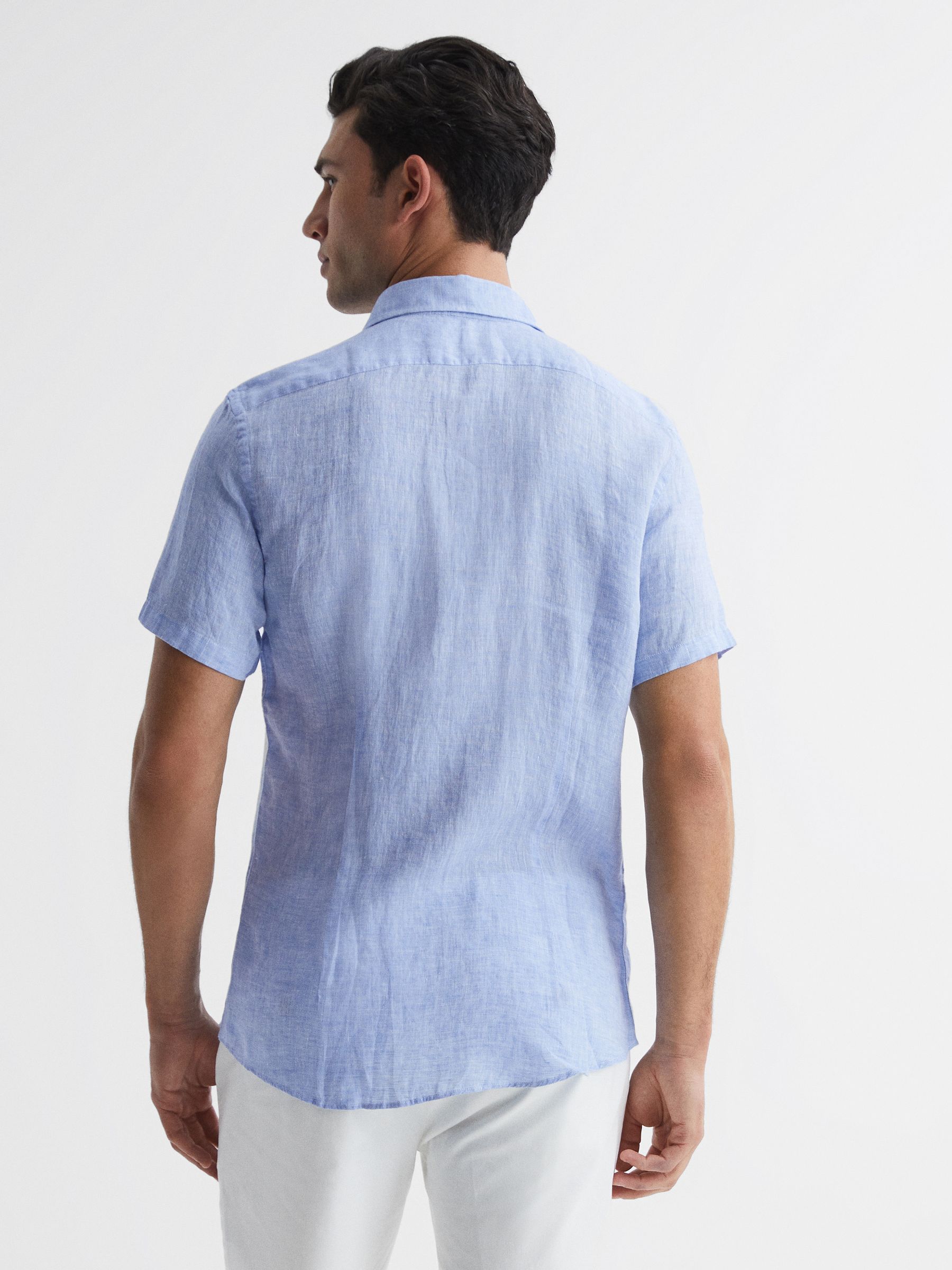 Slim Fit Linen Button-Through Shirt in Soft Blue - Image 5 of 11