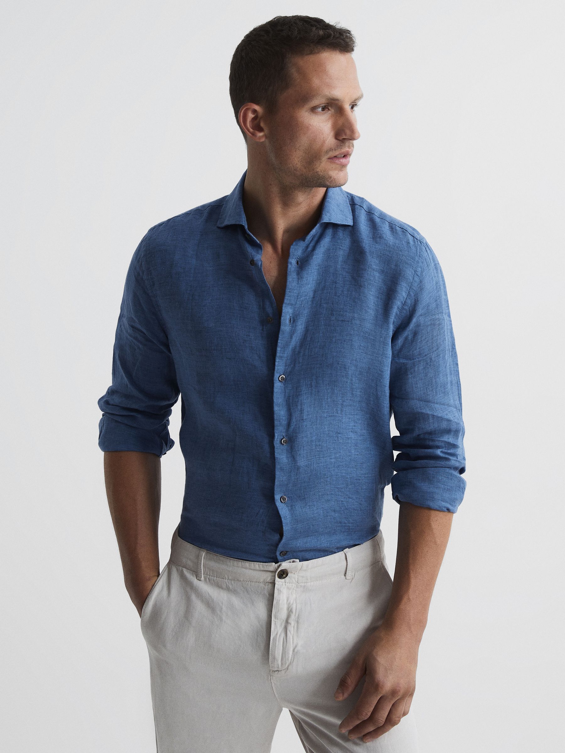 Linen Button-Through Shirt in Cornflower Blue - Image 1 of 6
