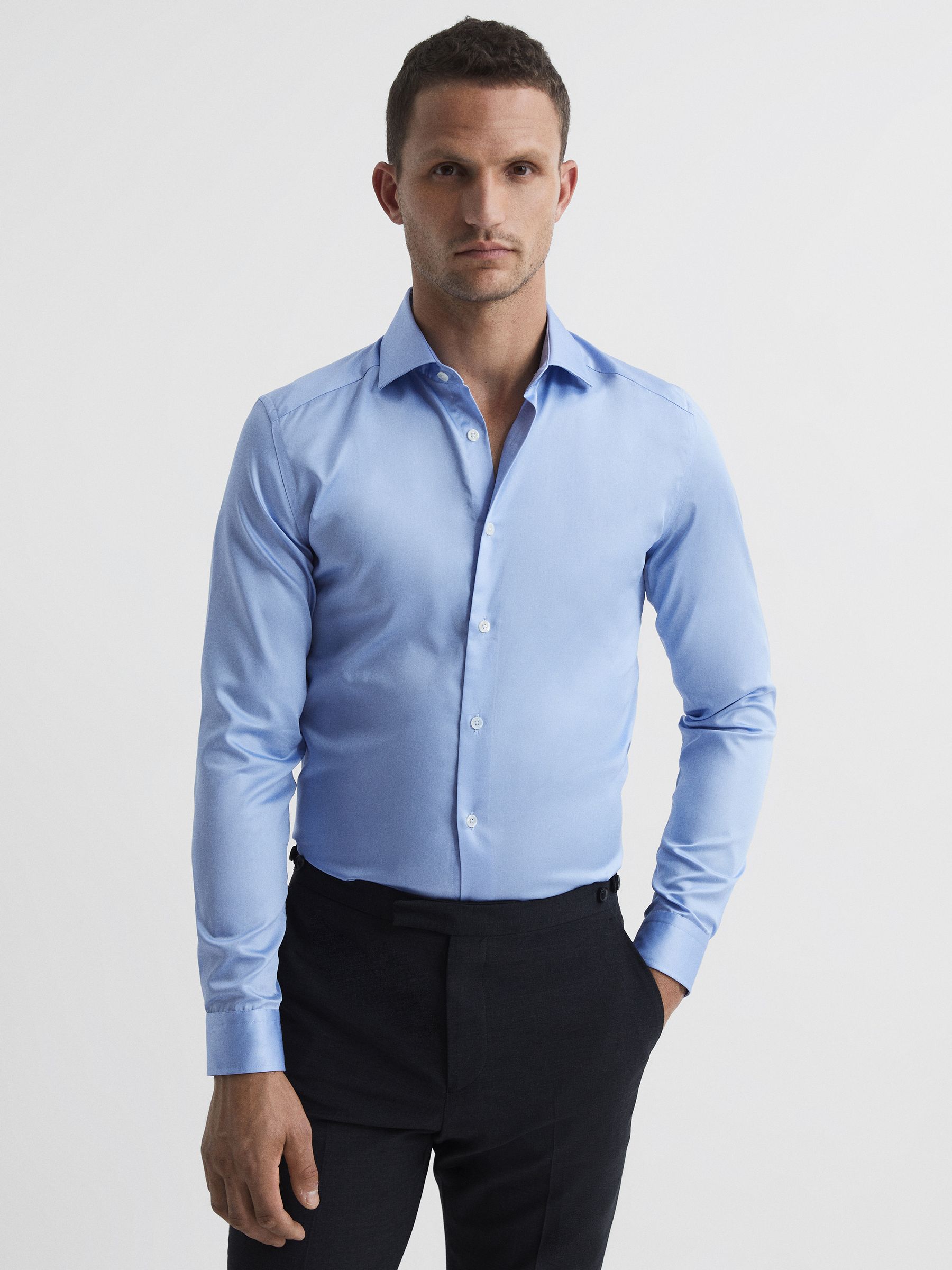 Slim Fit Cotton Sateen Striped Shirt in Mid Blue - Image 1 of 8
