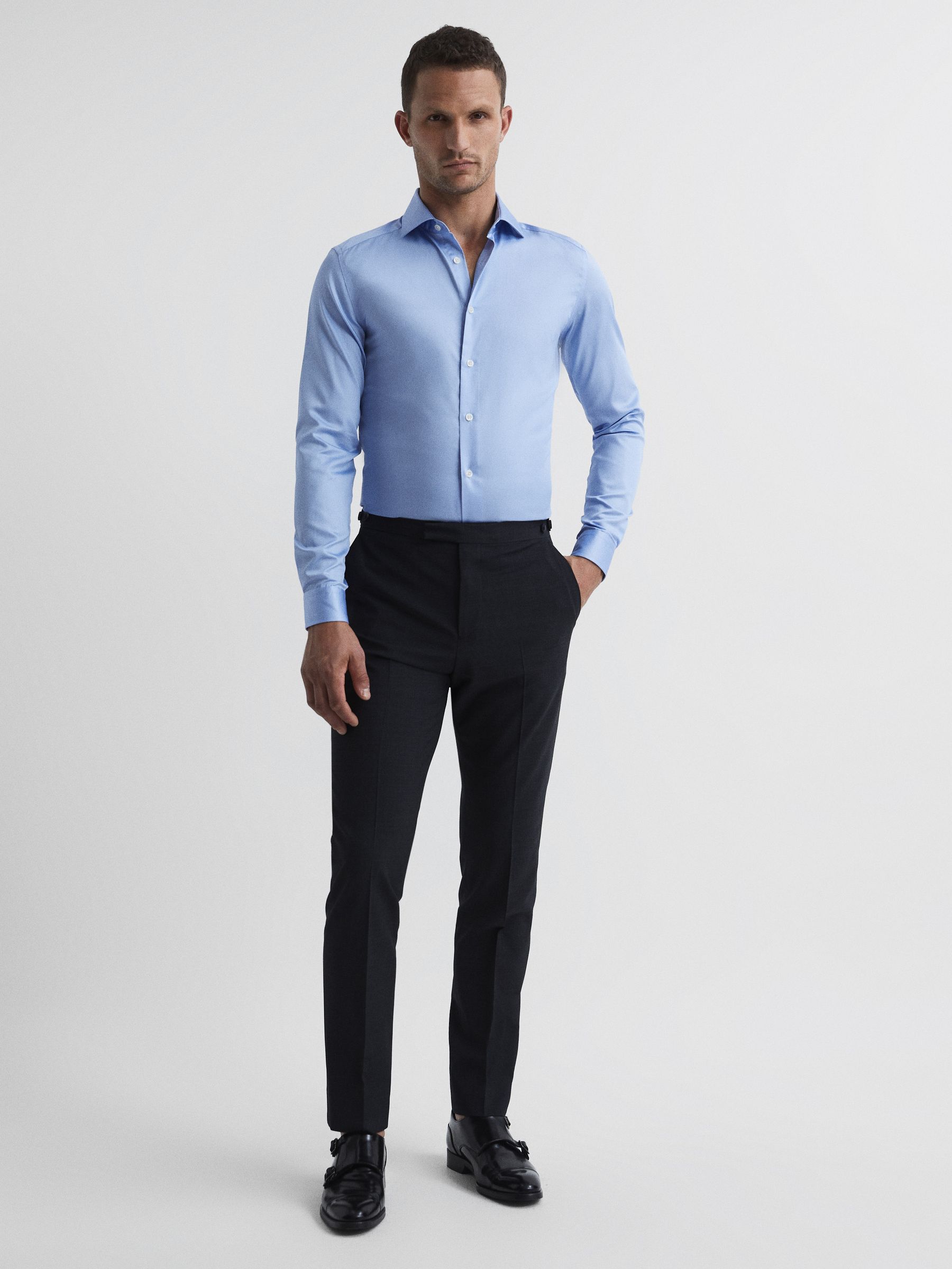 Slim Fit Cotton Sateen Striped Shirt in Mid Blue - Image 3 of 8