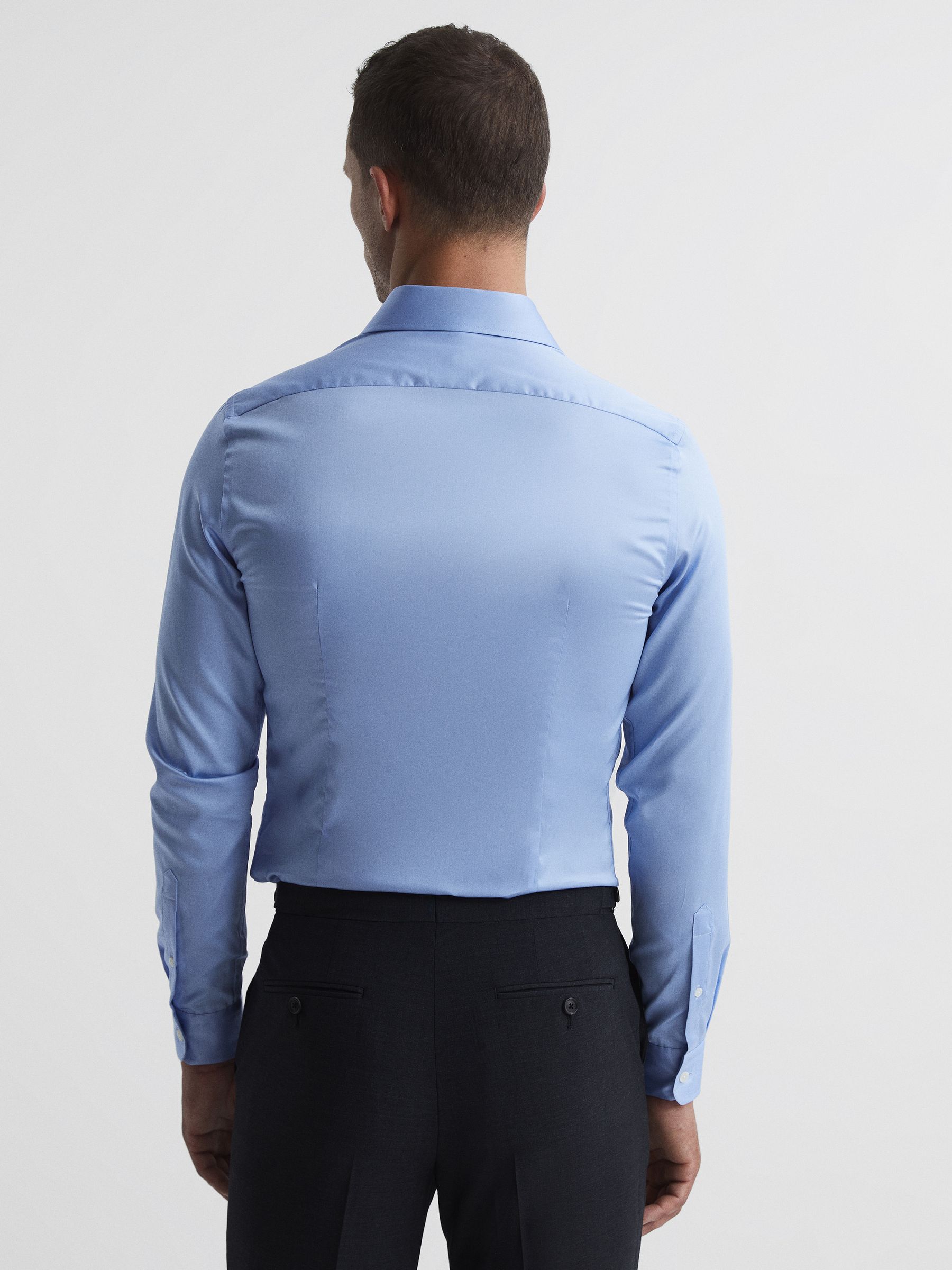 Slim Fit Cotton Sateen Striped Shirt in Mid Blue - Image 5 of 8