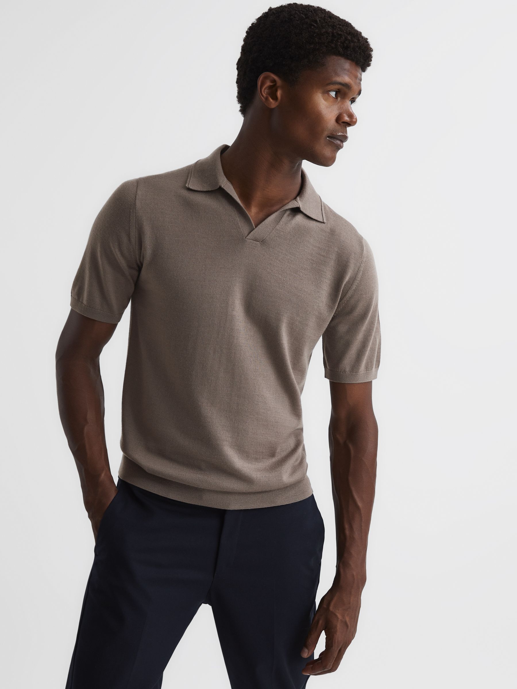 Merino Wool Open Collar Polo Shirt in Mocha - Image 1 of 6