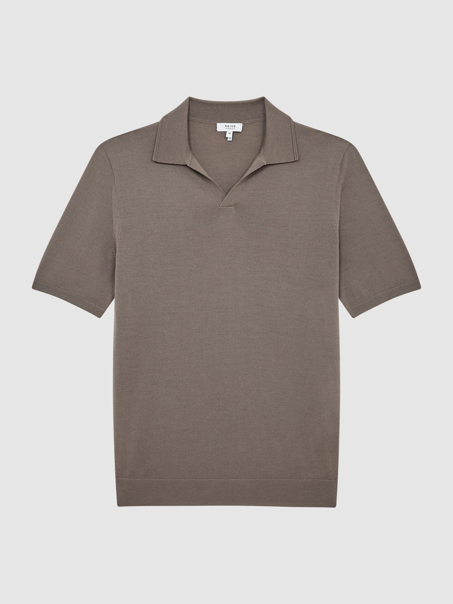 Merino Wool Open Collar Polo Shirt in Mocha - Image 2 of 6