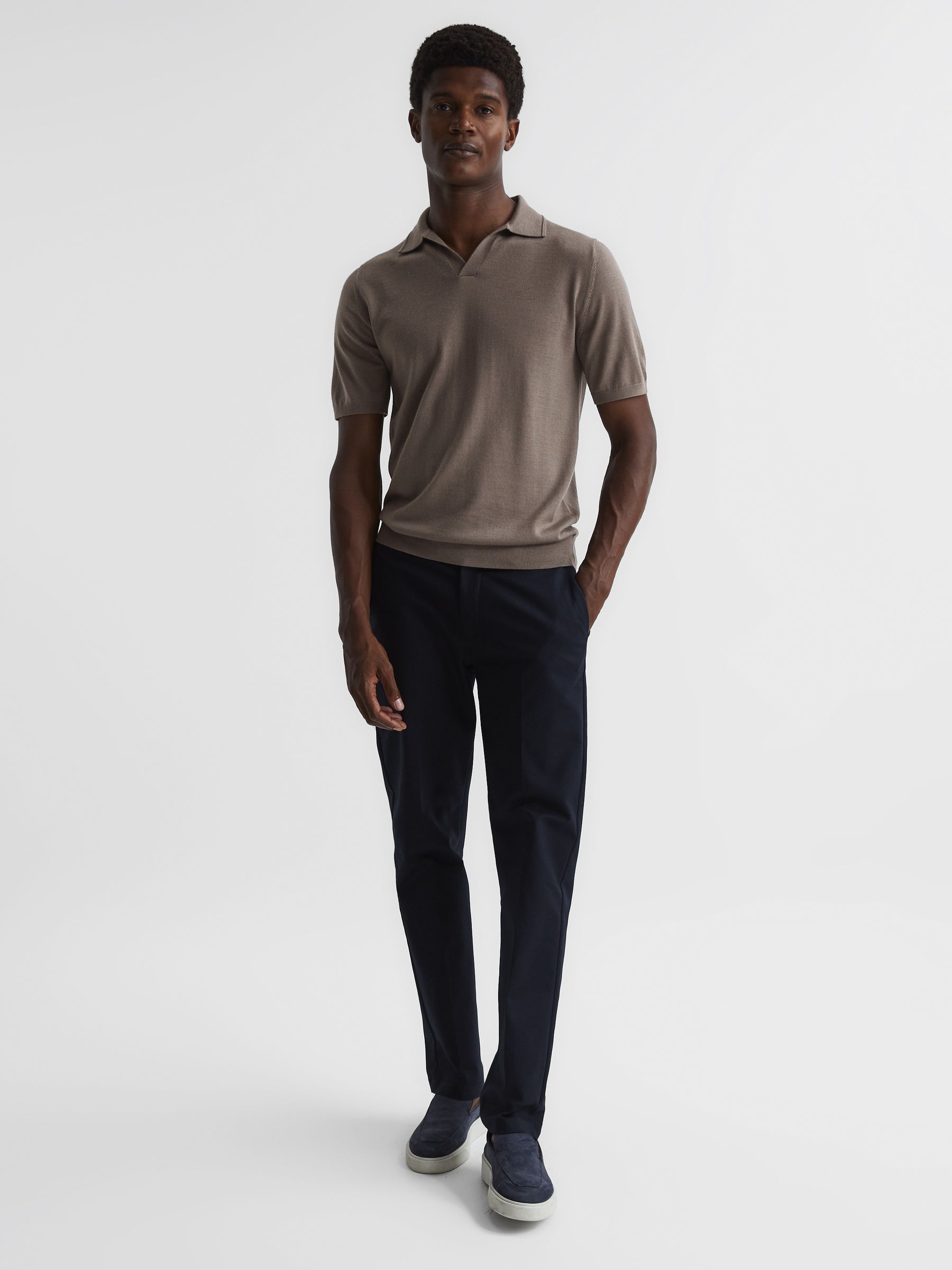 Merino Wool Open Collar Polo Shirt in Mocha - Image 3 of 6