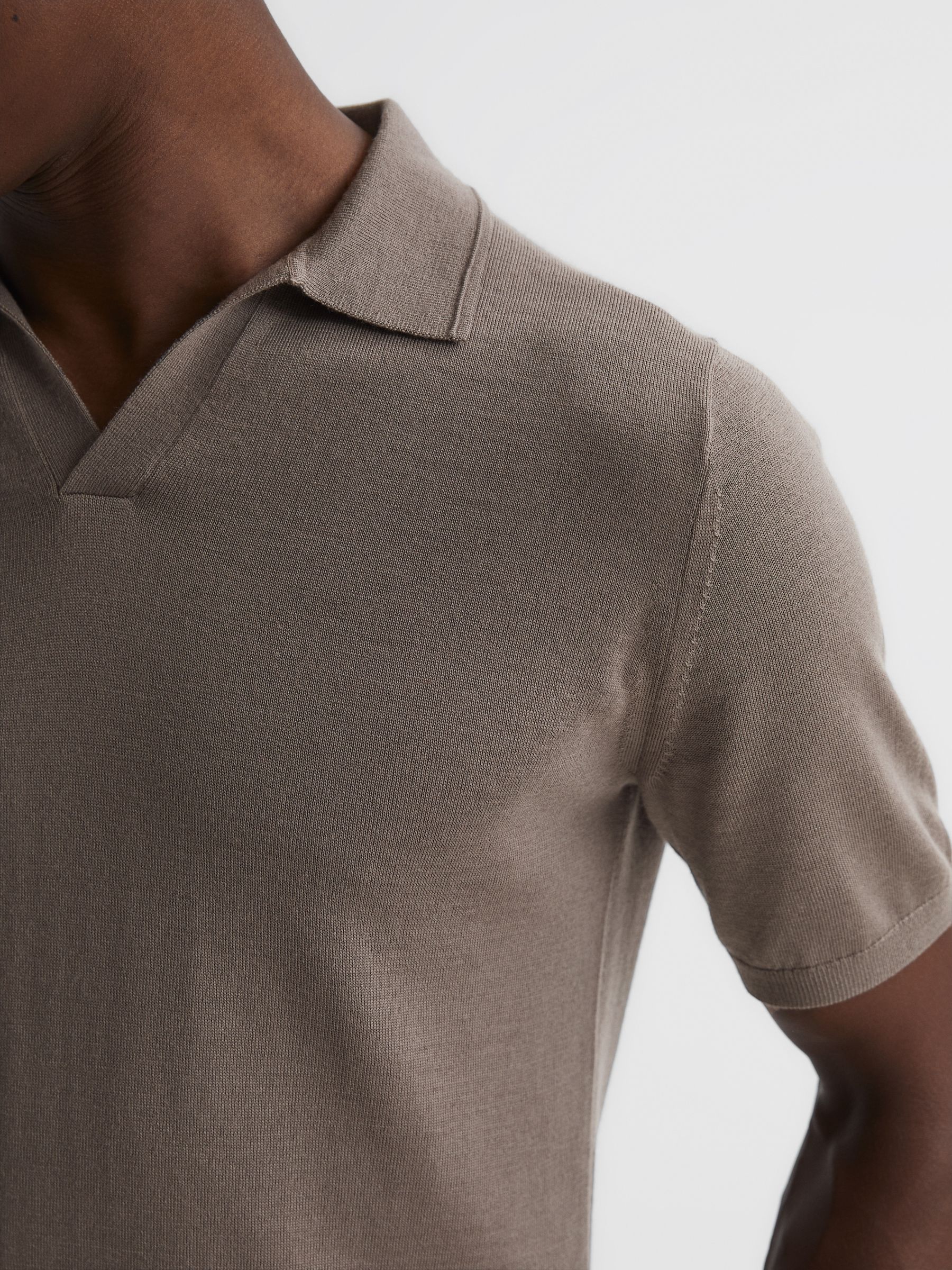Merino Wool Open Collar Polo Shirt in Mocha - Image 4 of 6