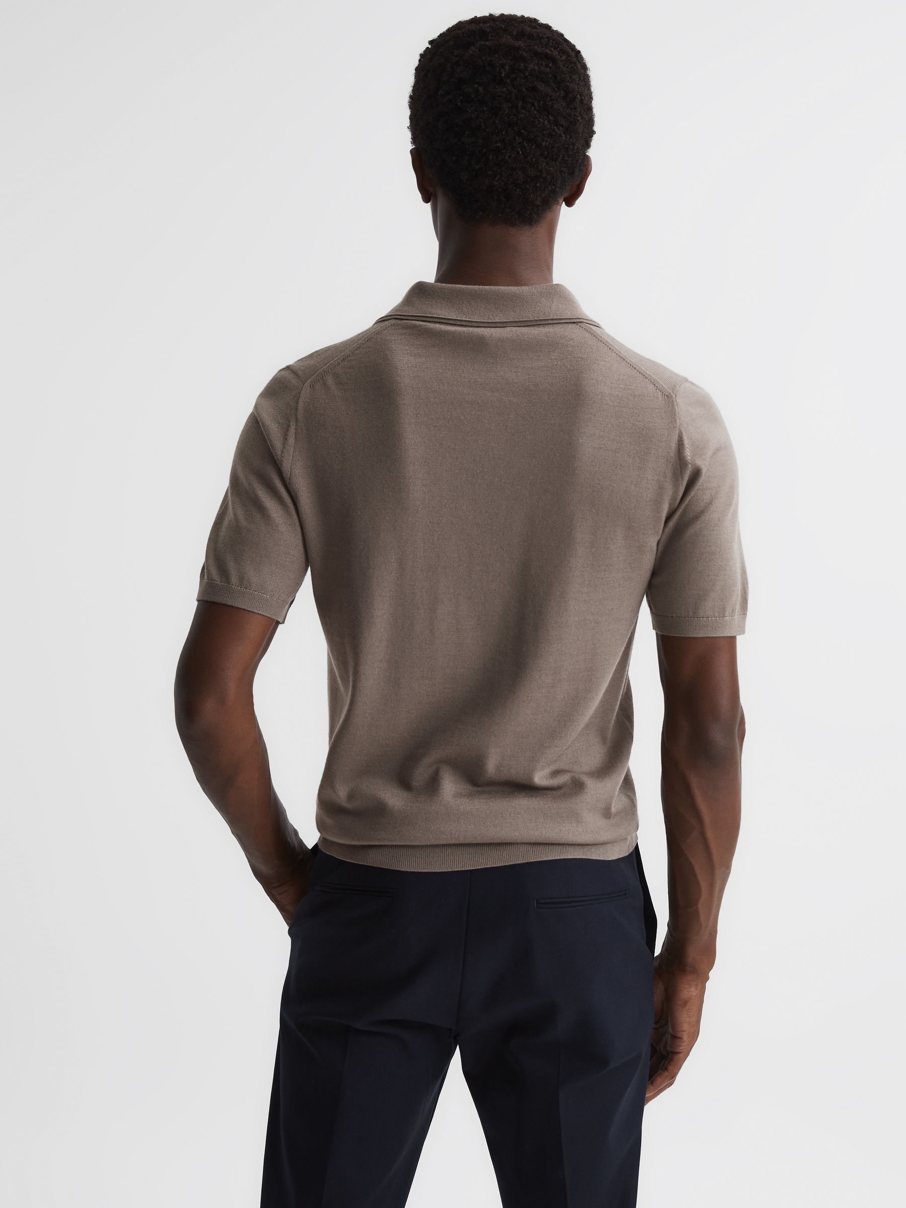 Merino Wool Open Collar Polo Shirt in Mocha - Image 5 of 6