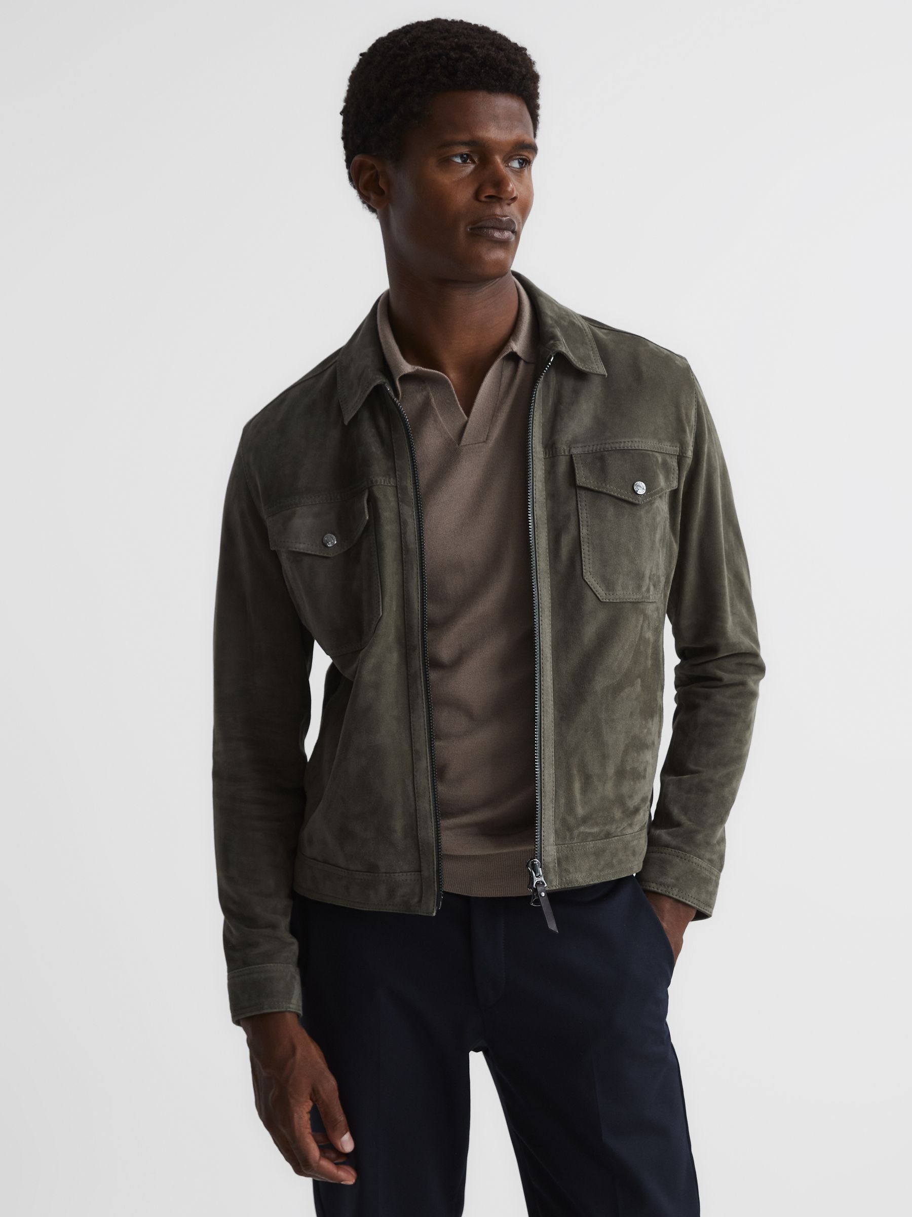 Merino Wool Open Collar Polo Shirt in Mocha - Image 6 of 6