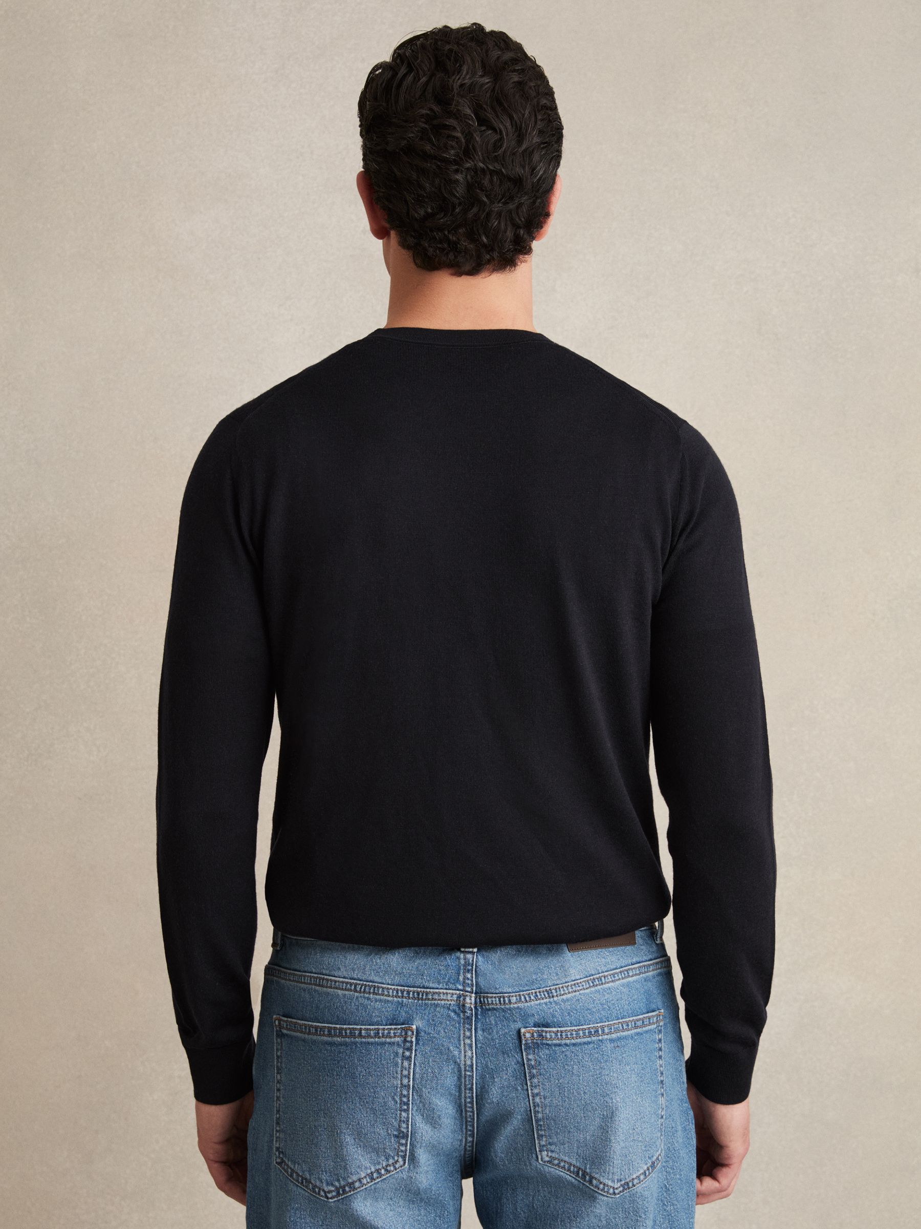Merino Wool Crew Neck Jumper in Navy - Image 4 of 6