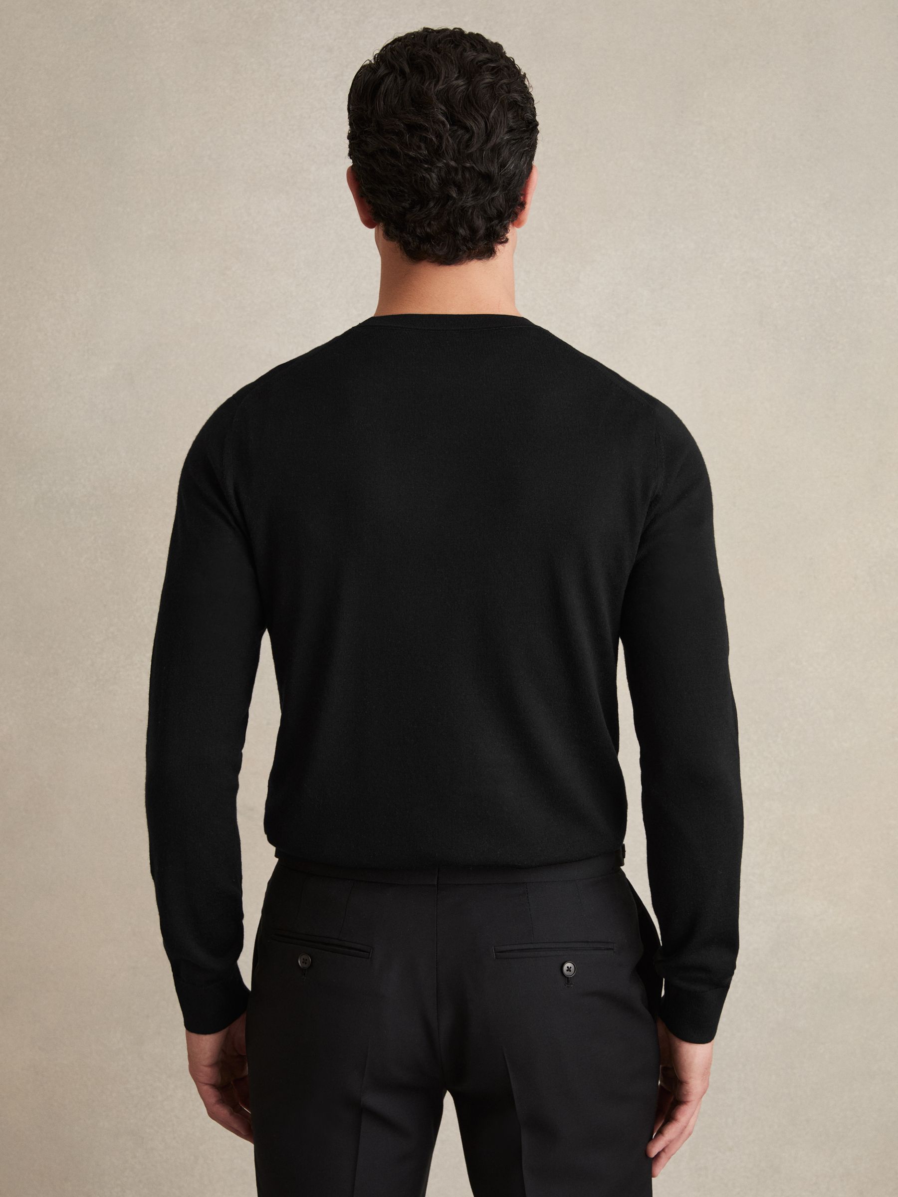 Merino Wool Crew Neck Jumper in Black - Image 5 of 7