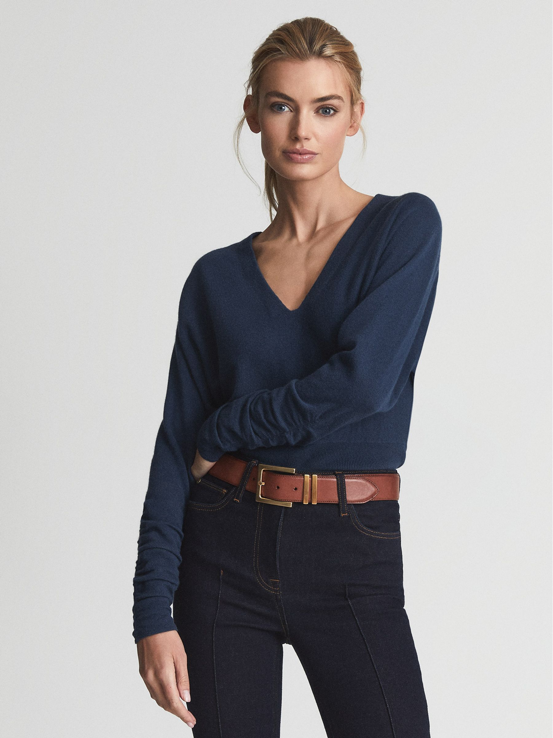 V-Neck Cashmere Blend Jumper in Navy - Image 1 of 6