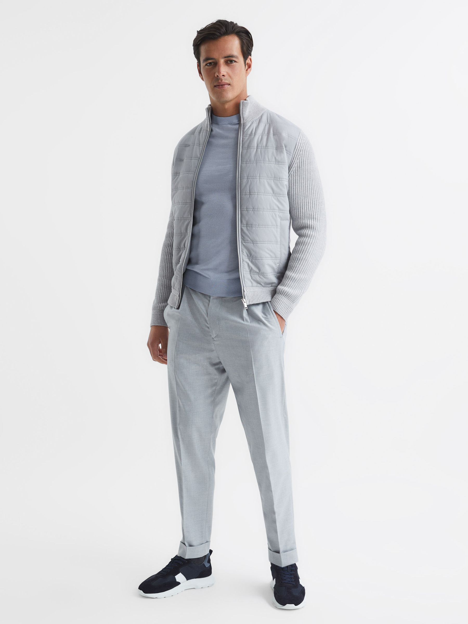 Hybrid Zip Through Quilted Jumper in Soft Grey - Image 1 of 6