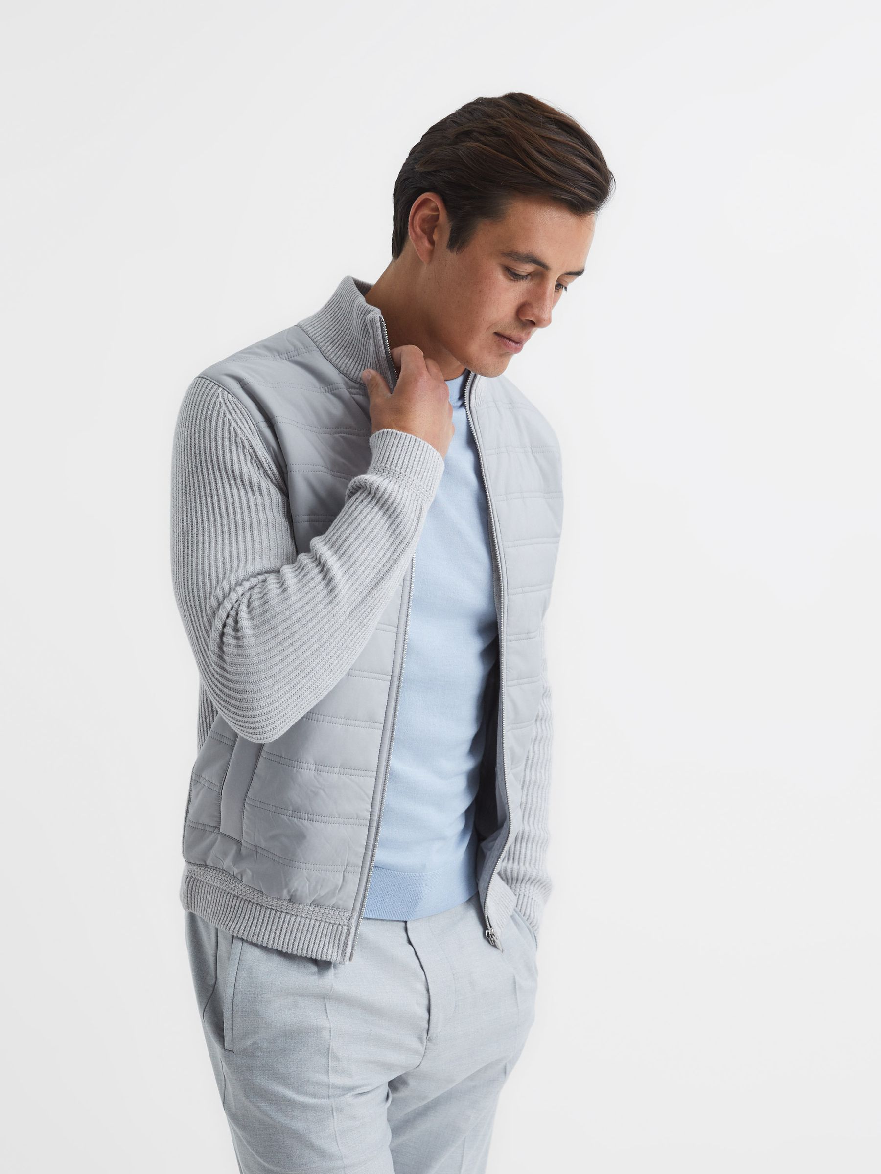 Hybrid Zip Through Quilted Jumper in Soft Grey - Image 3 of 6
