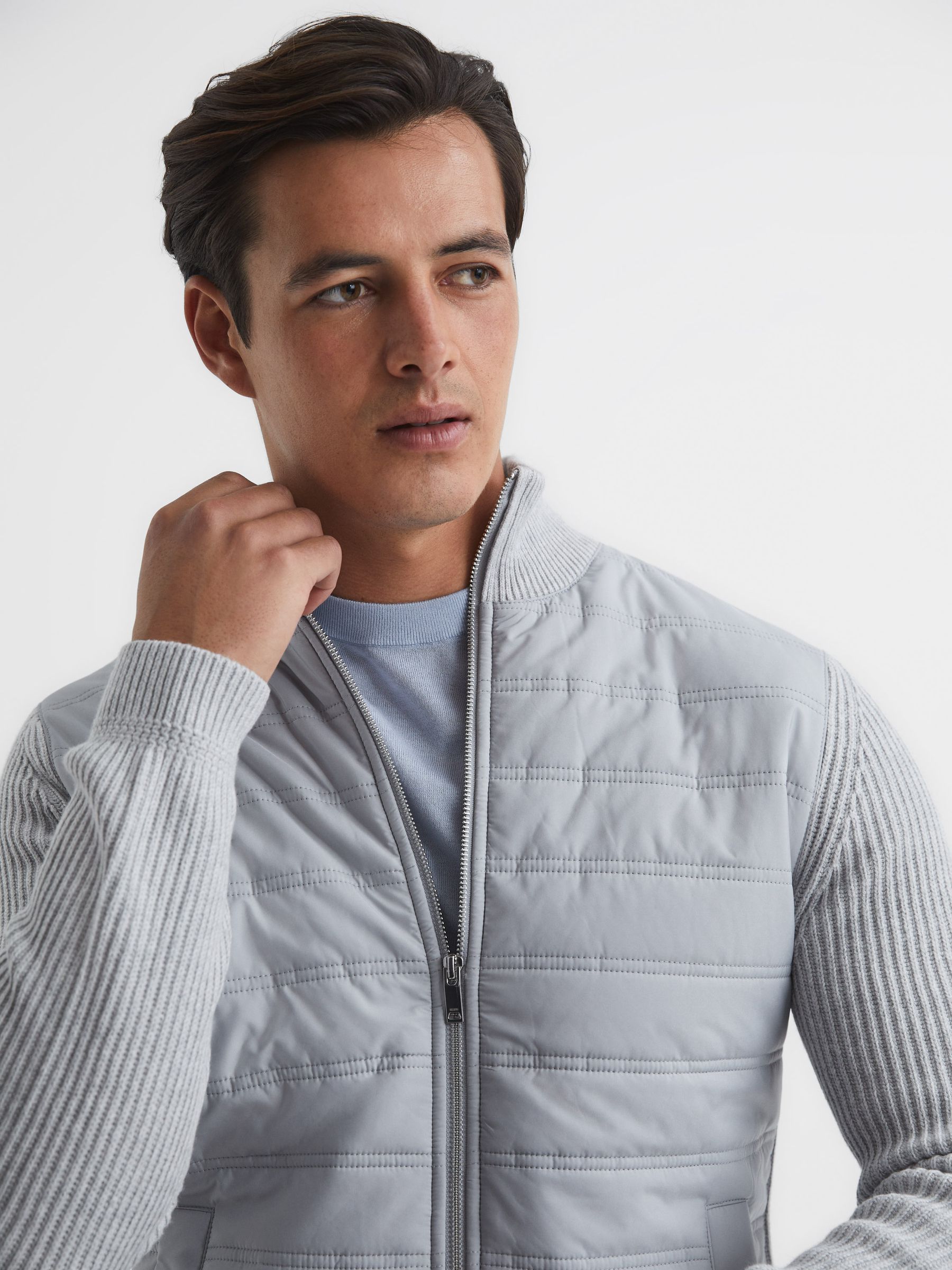 Hybrid Zip Through Quilted Jumper in Soft Grey - Image 4 of 6