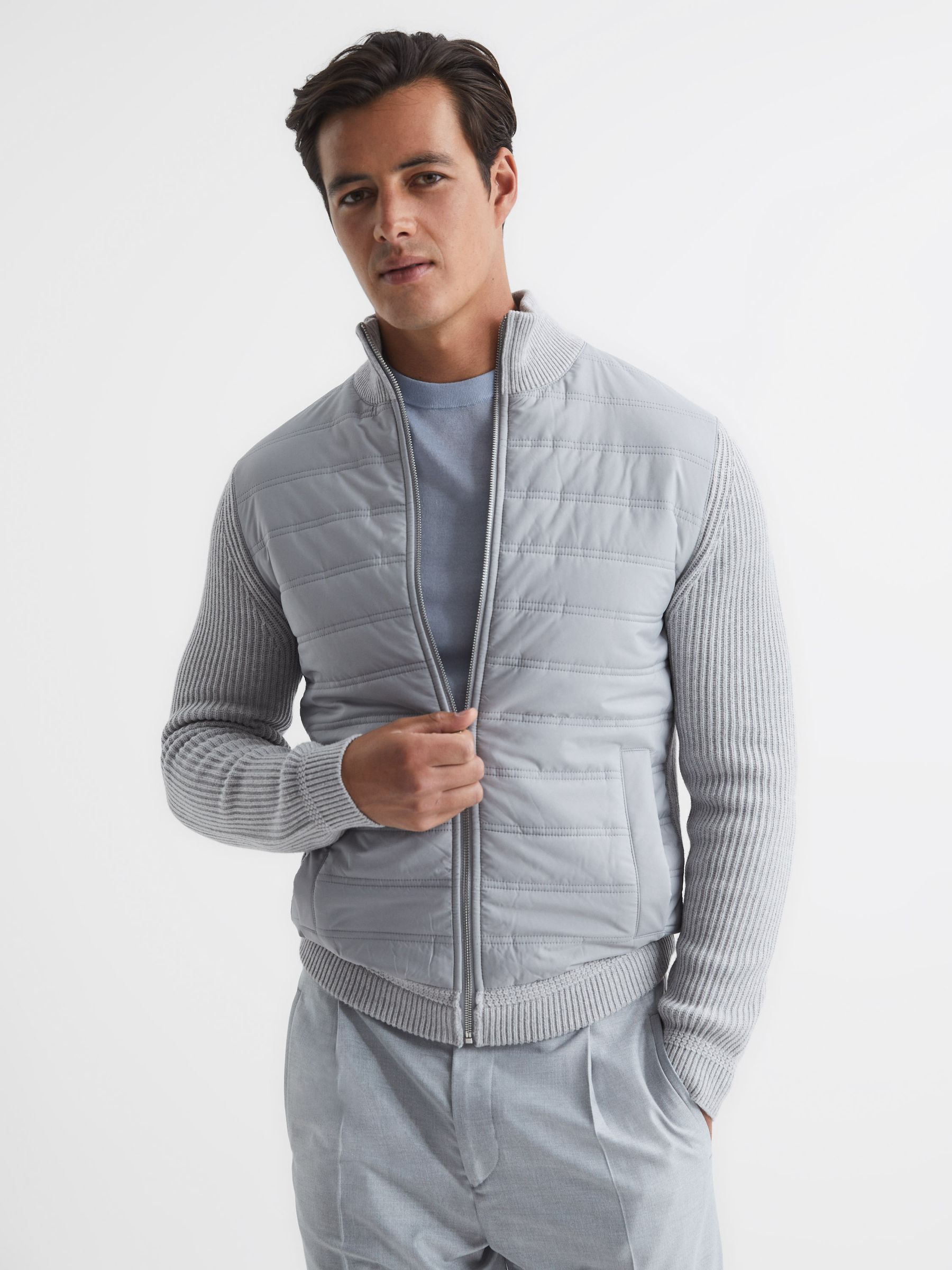 Hybrid Zip Through Quilted Jumper in Soft Grey - Image 6 of 6