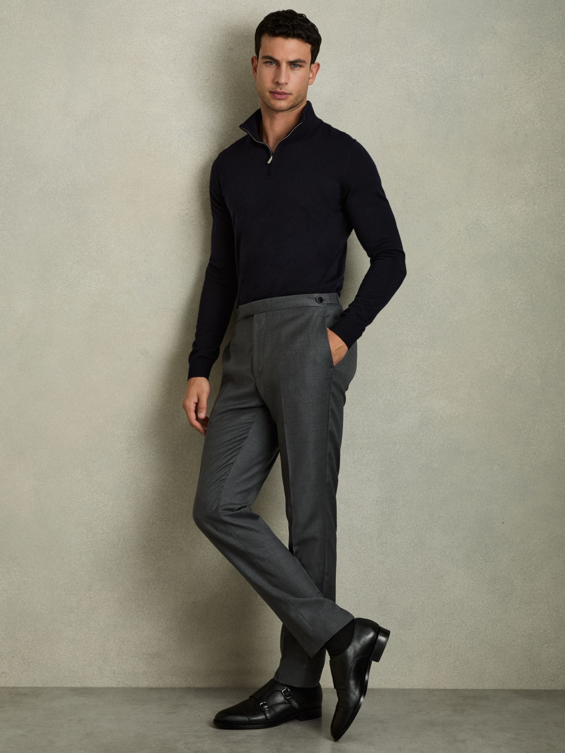 Merino Wool Half-Zip Funnel Neck Jumper in Navy - Image 3 of 7