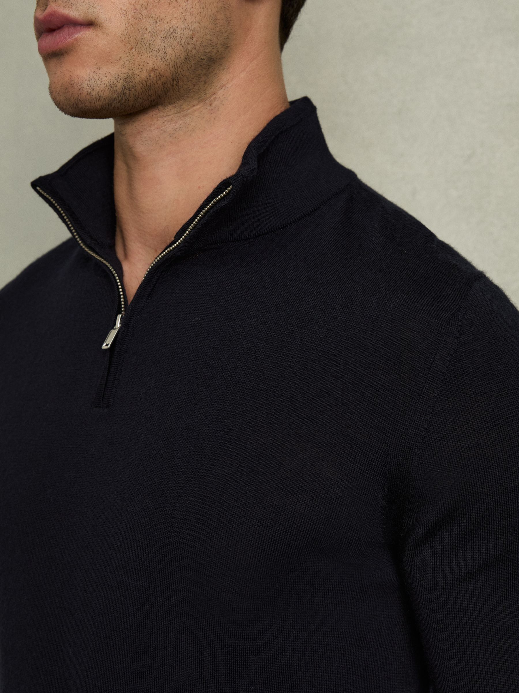 Merino Wool Half-Zip Funnel Neck Jumper in Navy - Image 4 of 7
