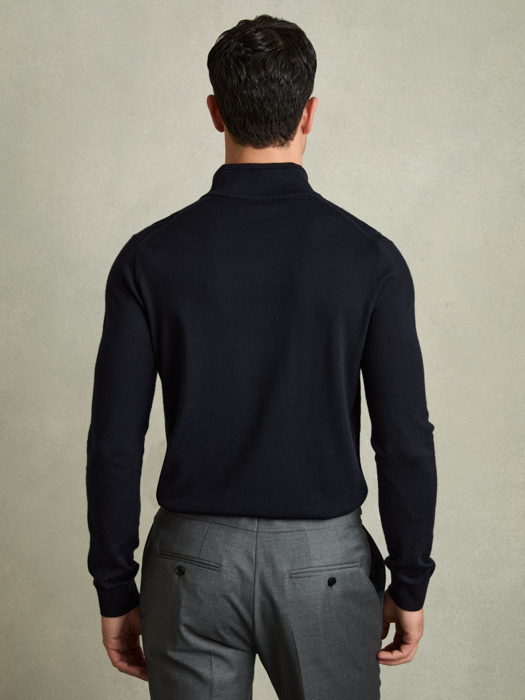 Merino Wool Half-Zip Funnel Neck Jumper in Navy - Image 5 of 7