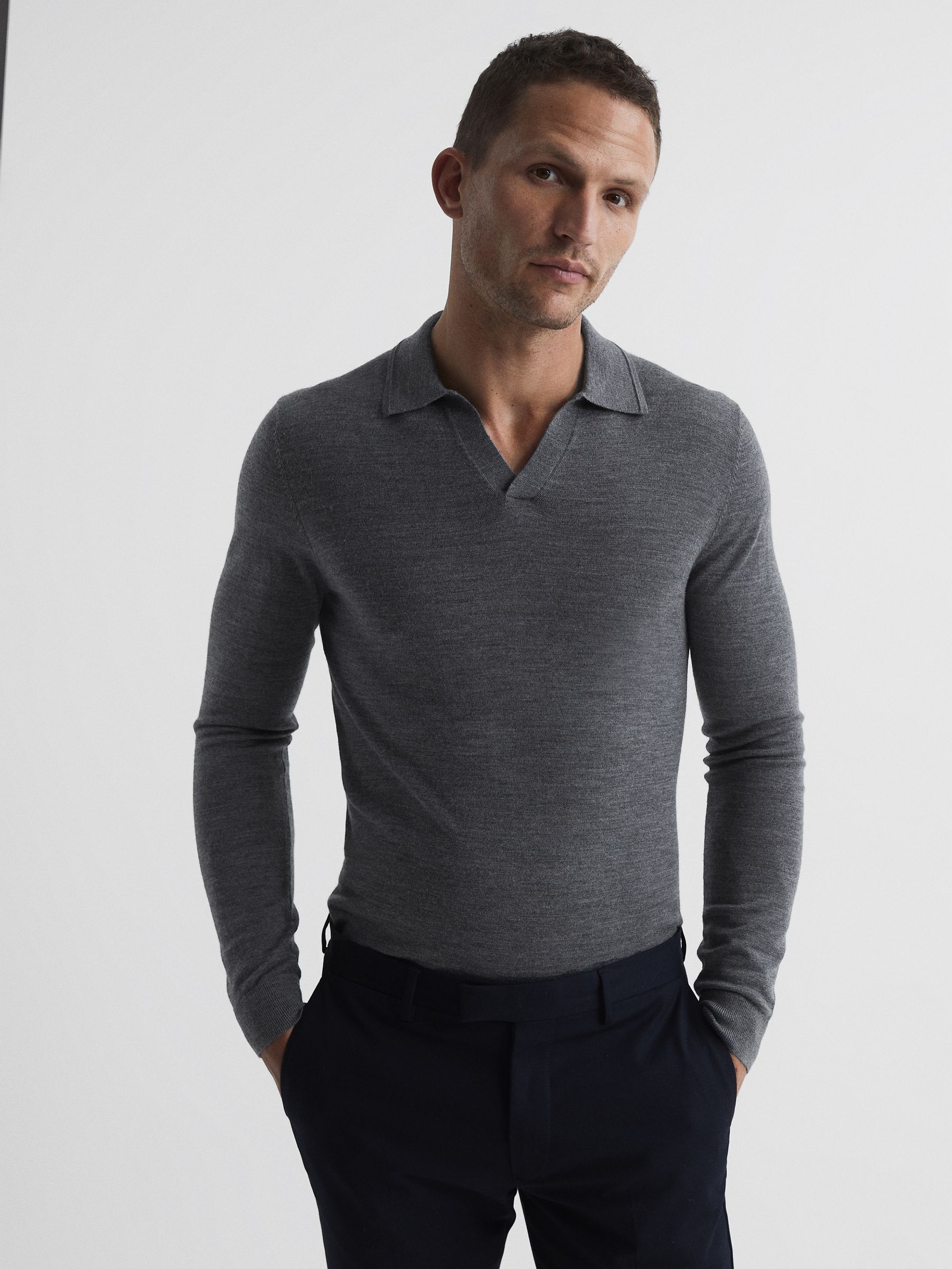 Merino Wool Open Collar Polo Shirt in Mid Grey Melange - Image 1 of 7